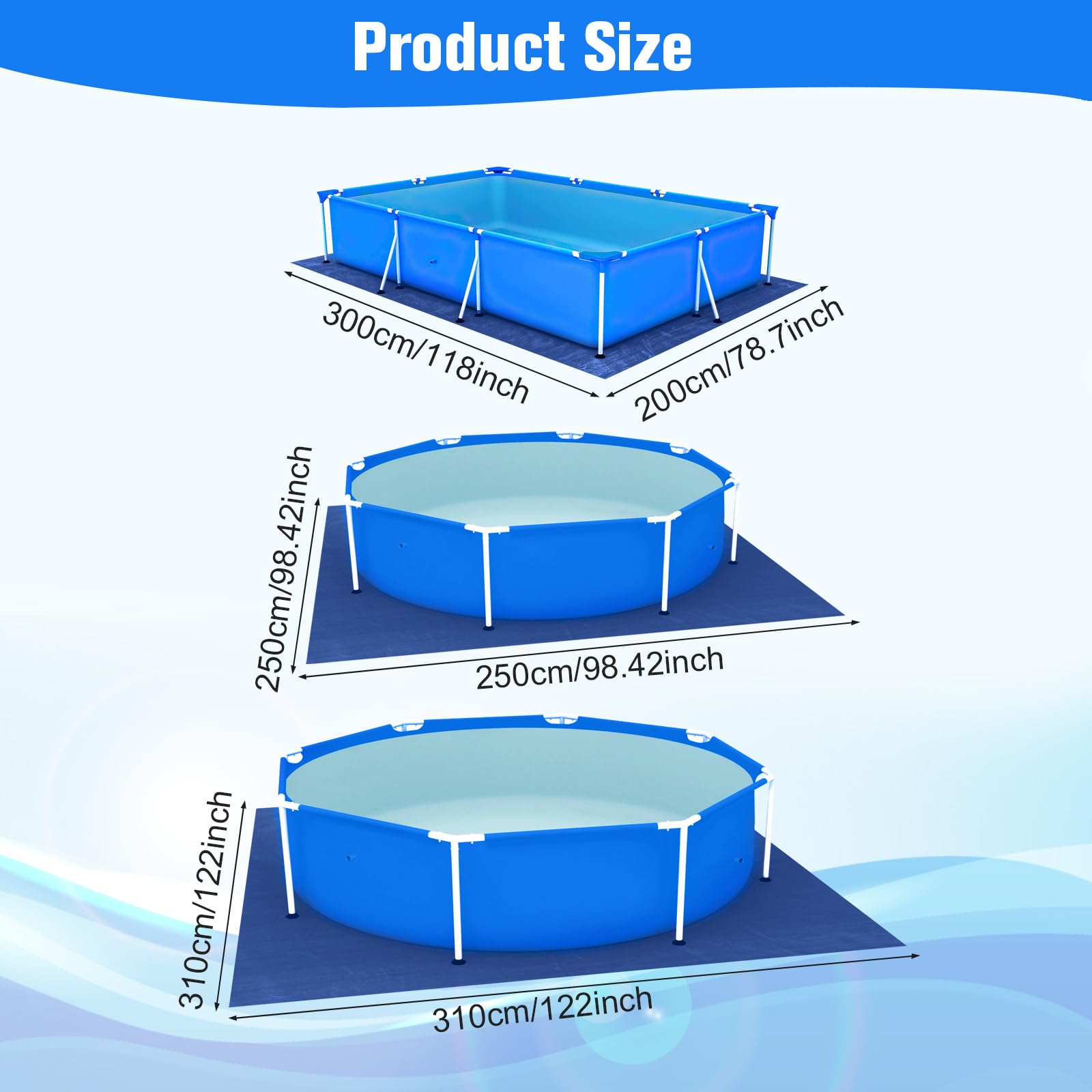 Tapis de Sol Piscine 300 x 200 cm, Convient aux Piscines Rectangulaires, Piscines Gonflables, Piscines pour Enfants, Protection Étanche, Protégez Le Fond de Votre Piscine