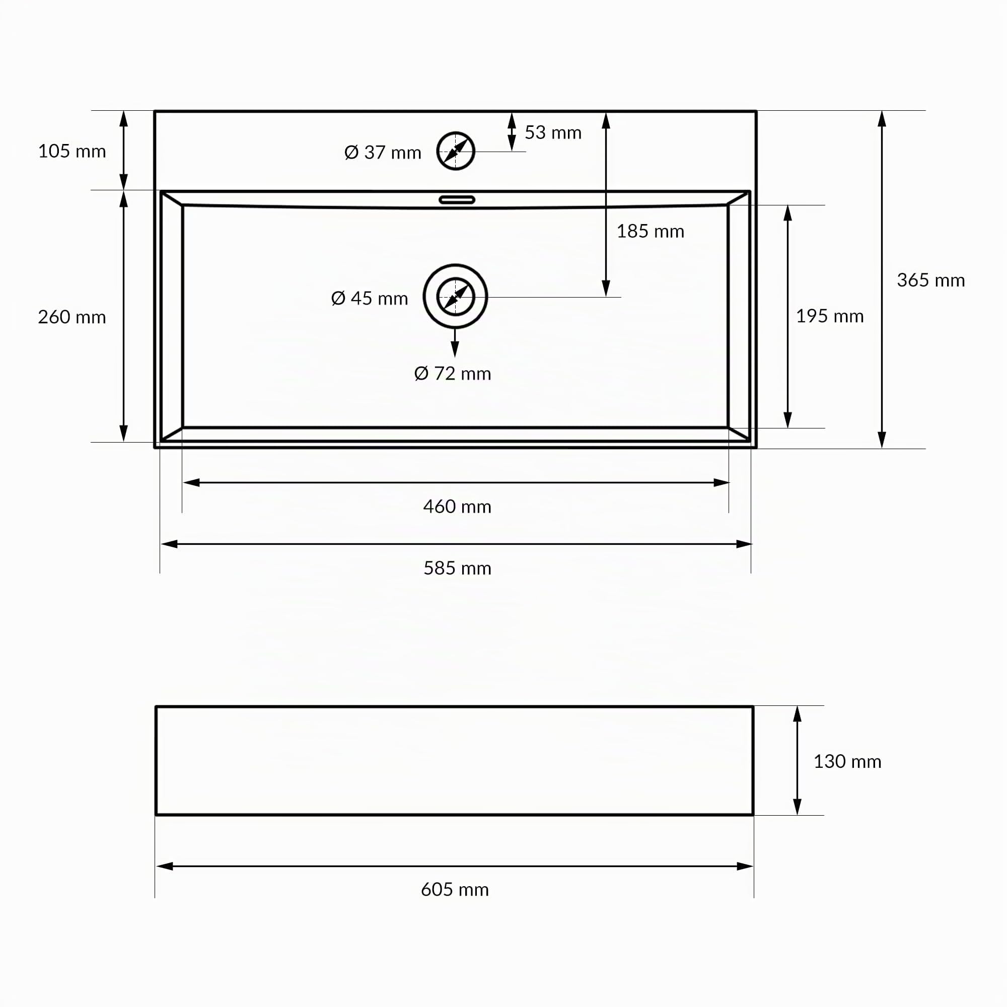 ECD Germany Lavabo da Appoggio in Ceramica Bianco Lucido Rettangolare 605x365x130 mm Design Moderno Lavello Lavandino Lavamano Bacinella per Ospiti Sanitari Rubinetteria per Bagno Casa