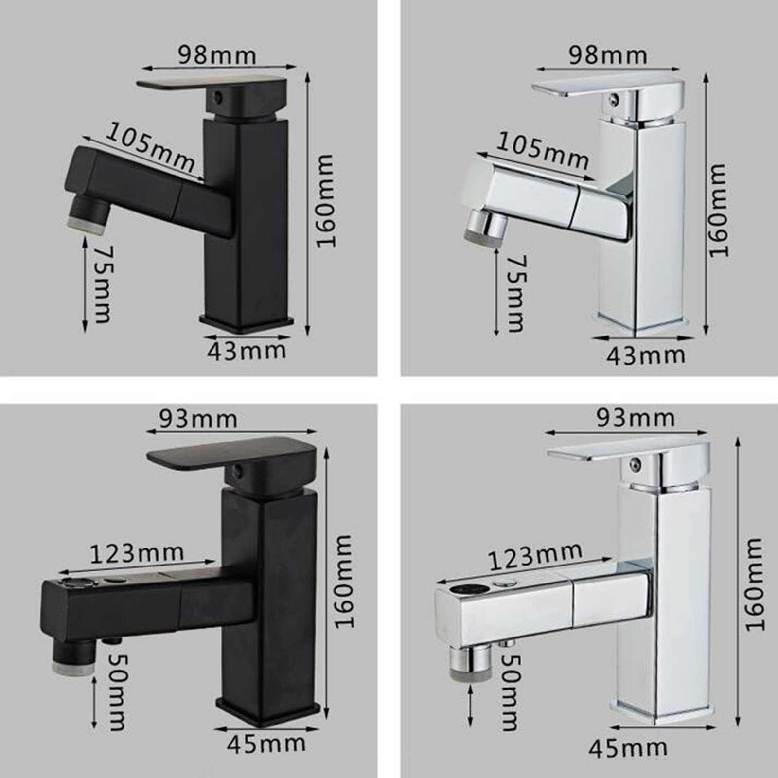 Generico Rubinetto da Bagno con Miscelatore Estraibile per Lavello da Cucina/Bagno 2 modalità di Getto Miscelatore per Lavabo da Bagno con Doccetta Nero-A