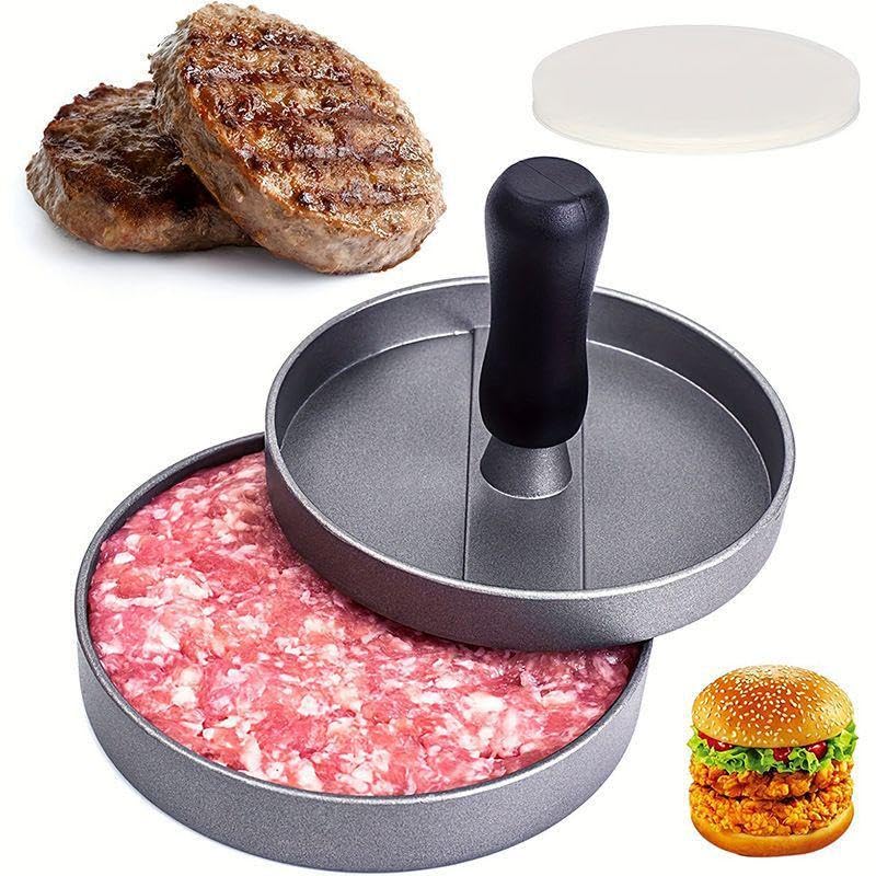 Burger Press, Non-Stick Aluminium Hamburger Patty Maker with 100 Wax Papers - Quarter Pounder Meat Press Mould with Ergonomic Handle - Ideal for BBQ, Grill, Beef, Veggie & Stuffed Burgers - Dishwasher