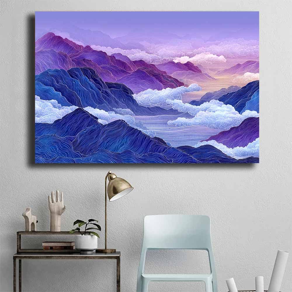 DMZPKZB Stampe paesaggistichestampe Purple Blue Motain Range stampe di paesaggi in stile, quadri su tela, dipinti, arte murale, per la decorazione della divano (różowy) - 80 x 120 cm