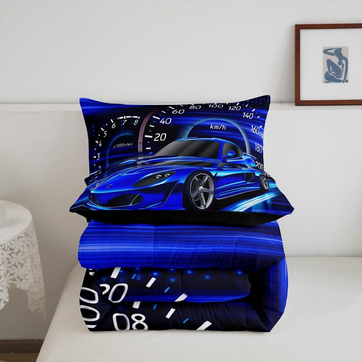 Feelyou Blue Black Ombre Race Car Comforter Full Size for Boys Girls, Racing Car Comforter Set Ombre Bedding Set Race Sports Car Duvet Set Microfiber Bed Set Reversible