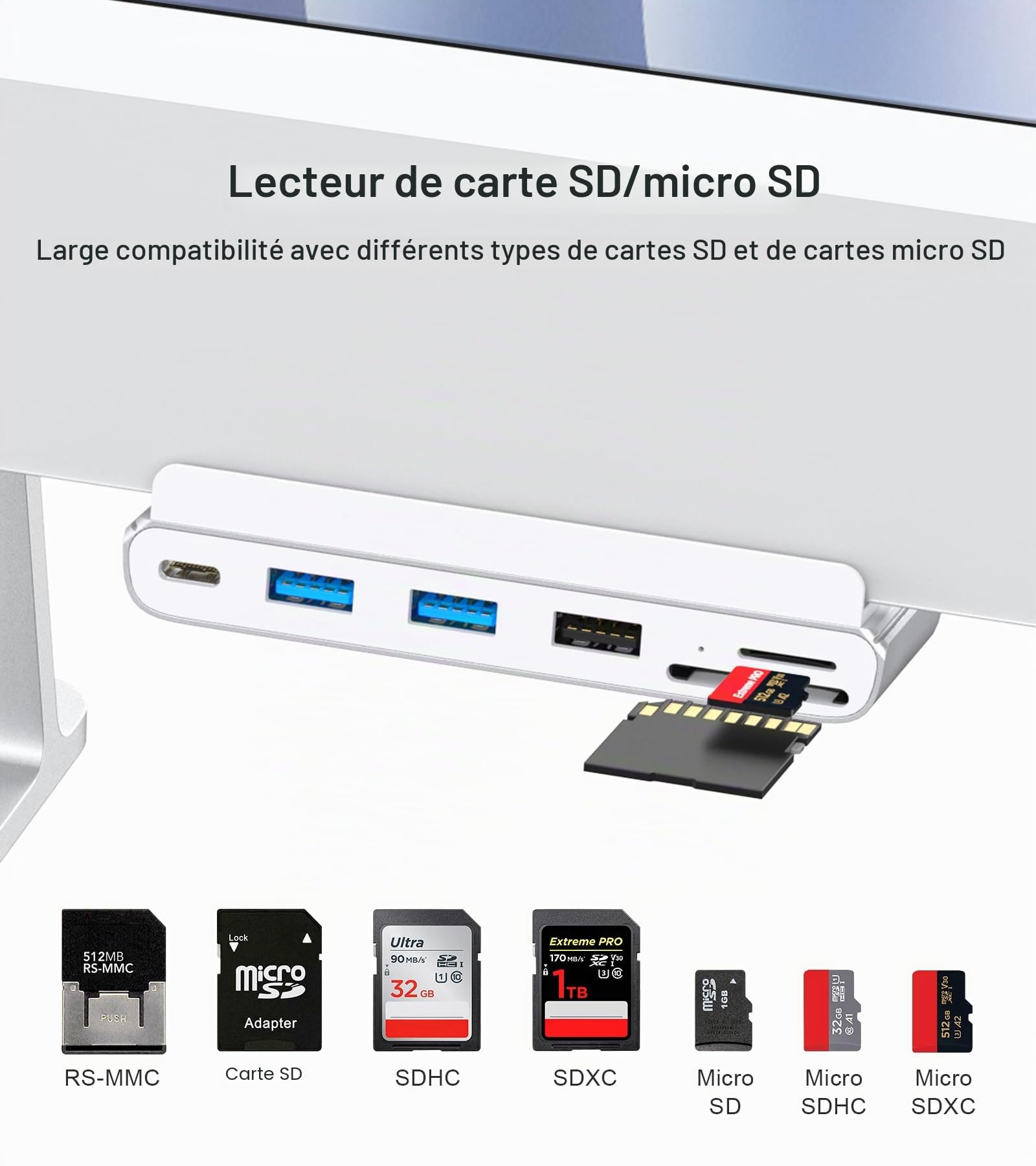 Hub USB C 7 en 1 pour iMac M1/M3/M4 - USB 3.0 5 Gbit/s, Lecteur de Carte SD/TF, Station d'accueil pour iMac 24" (M1/M3/M4)
