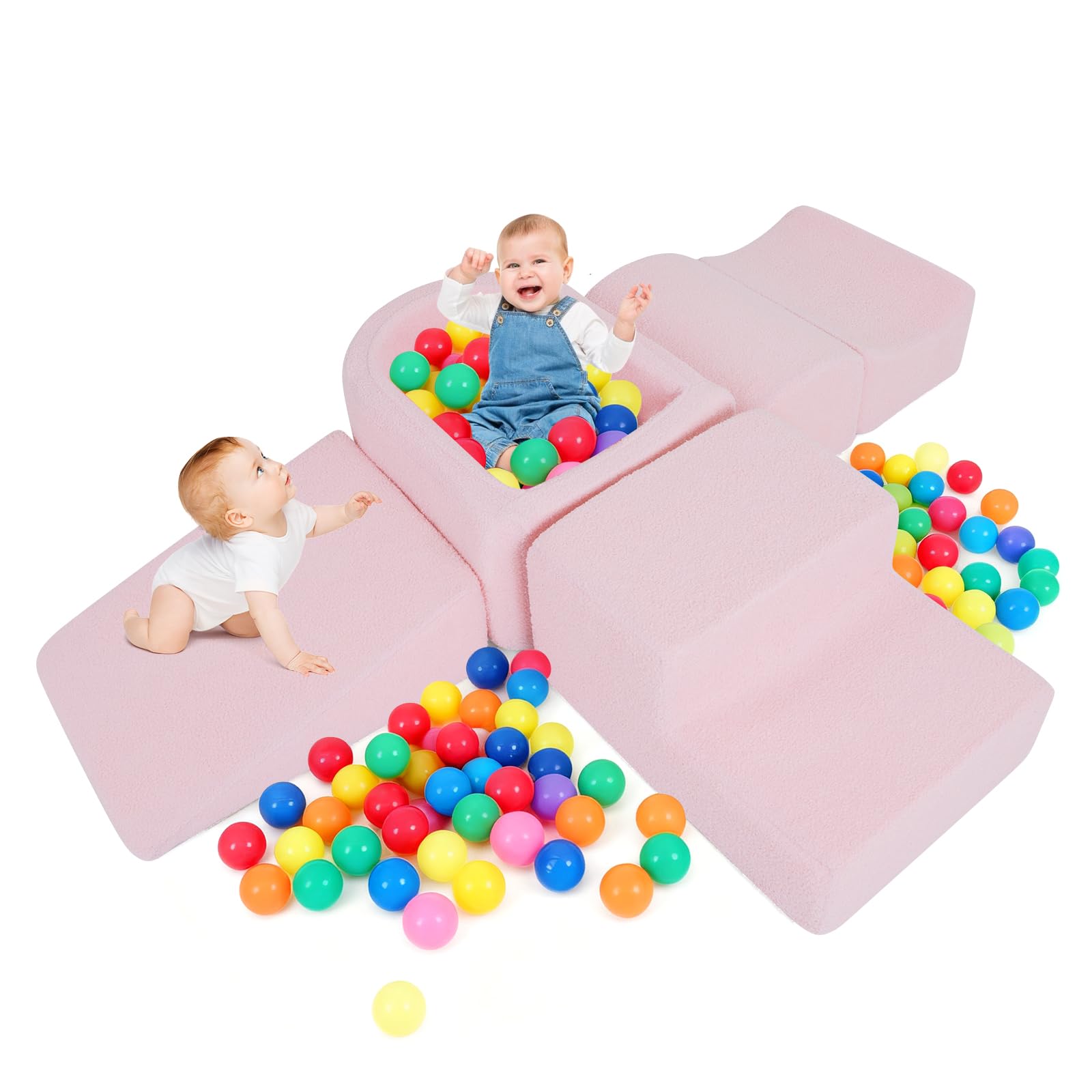 COSTWAY Blocchi da Arrampicata in Schiuma per Bambini, con Piscina di Palline, Set di 5 Pezzi per Arrampicata e Strisciamento, Set da Gioco da Interno per Bambini 3 Anni+ (Rosa,Sherpa)