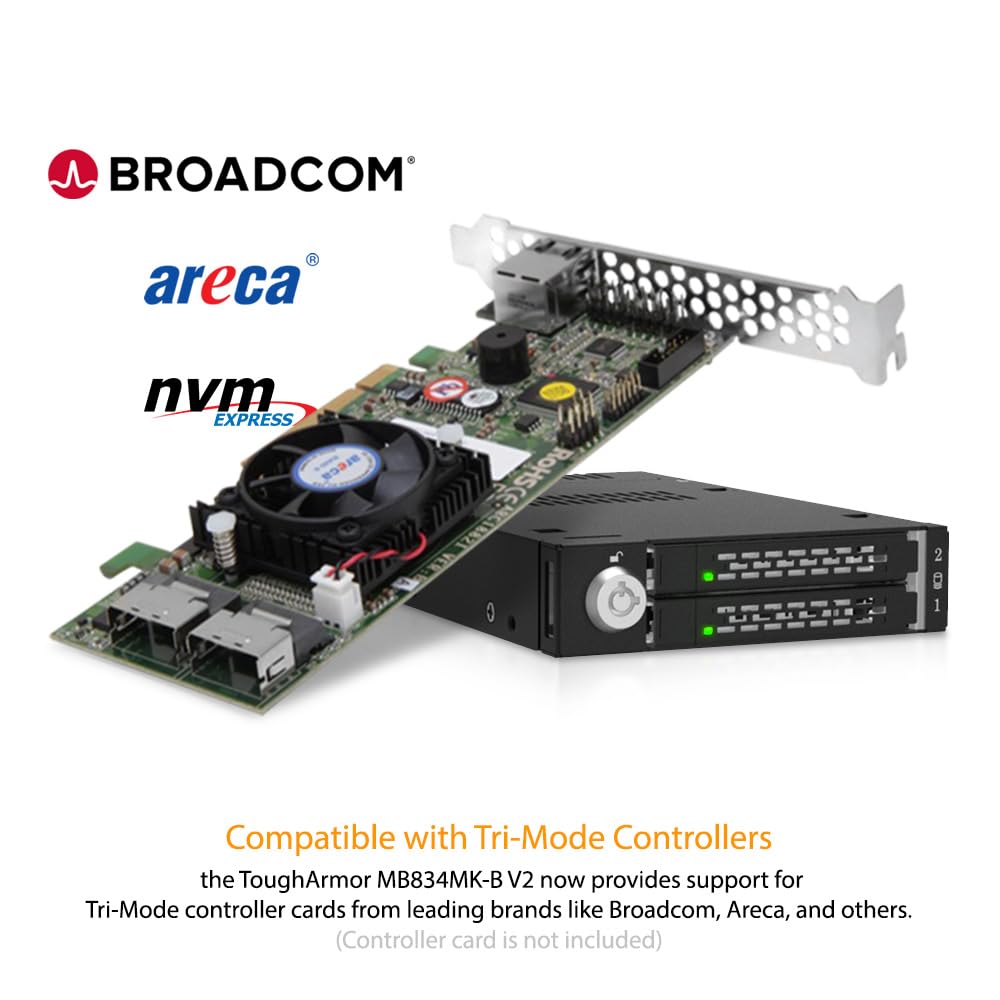 ICY DOCK Mobile Rack, robusto enclosure rack in metallo per 2 SSD NVMe M.2 PCIe 4.0 , 2 x SlimSAS SFF-8654 4i, da 30 mm a 110 mm in alloggiamento esterno da 3,5" - ToughArmor MB834MK-B V2