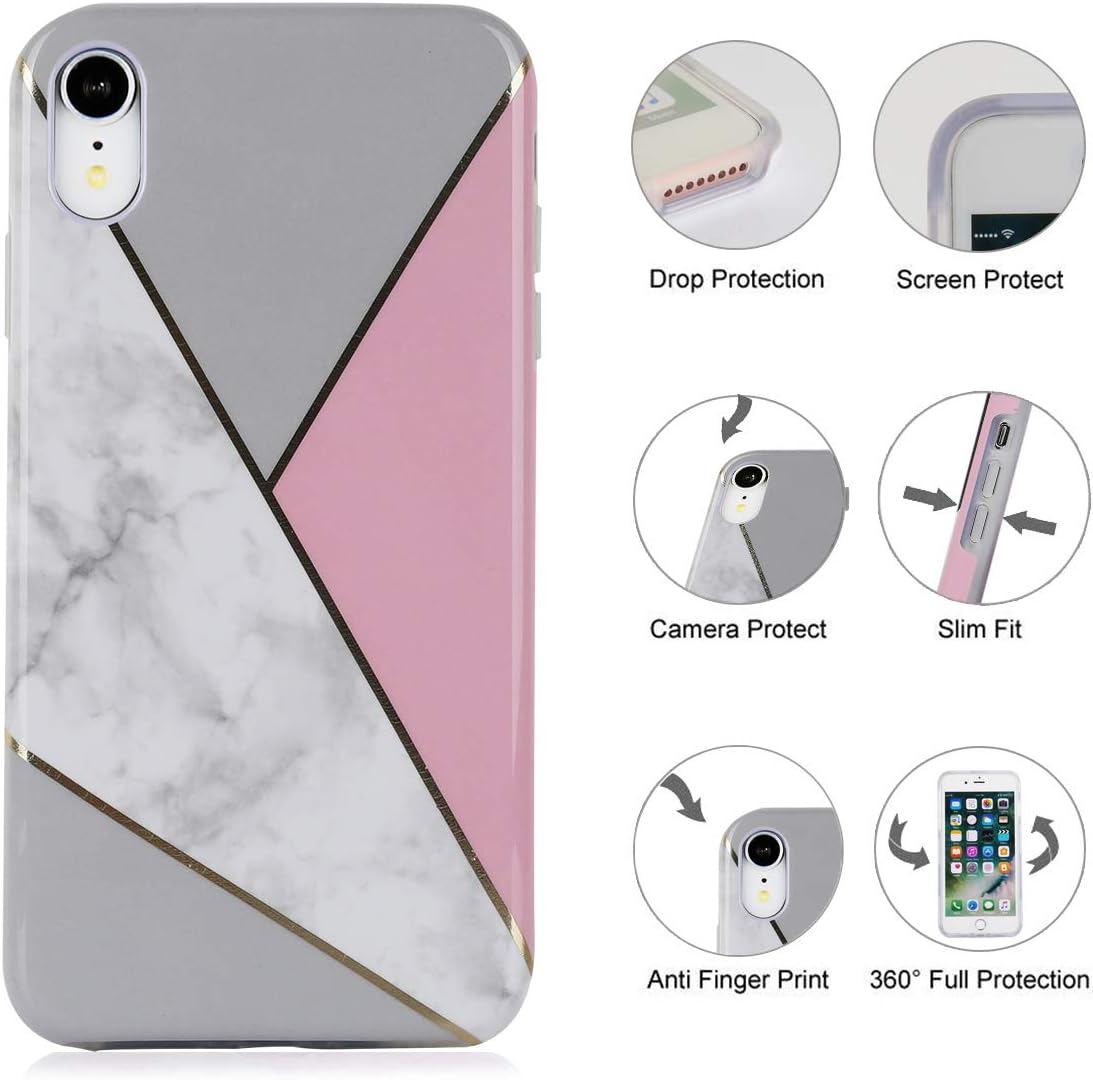 TRENSOM Marble Stripes iPhone XR White Case Pink Gray Geometry with Stripes Pattern, Dual Layers Soft TPU Hard PC Shockproof XR Phone Cases for Women Girls Men Boys, iPhone XR [6.1"]