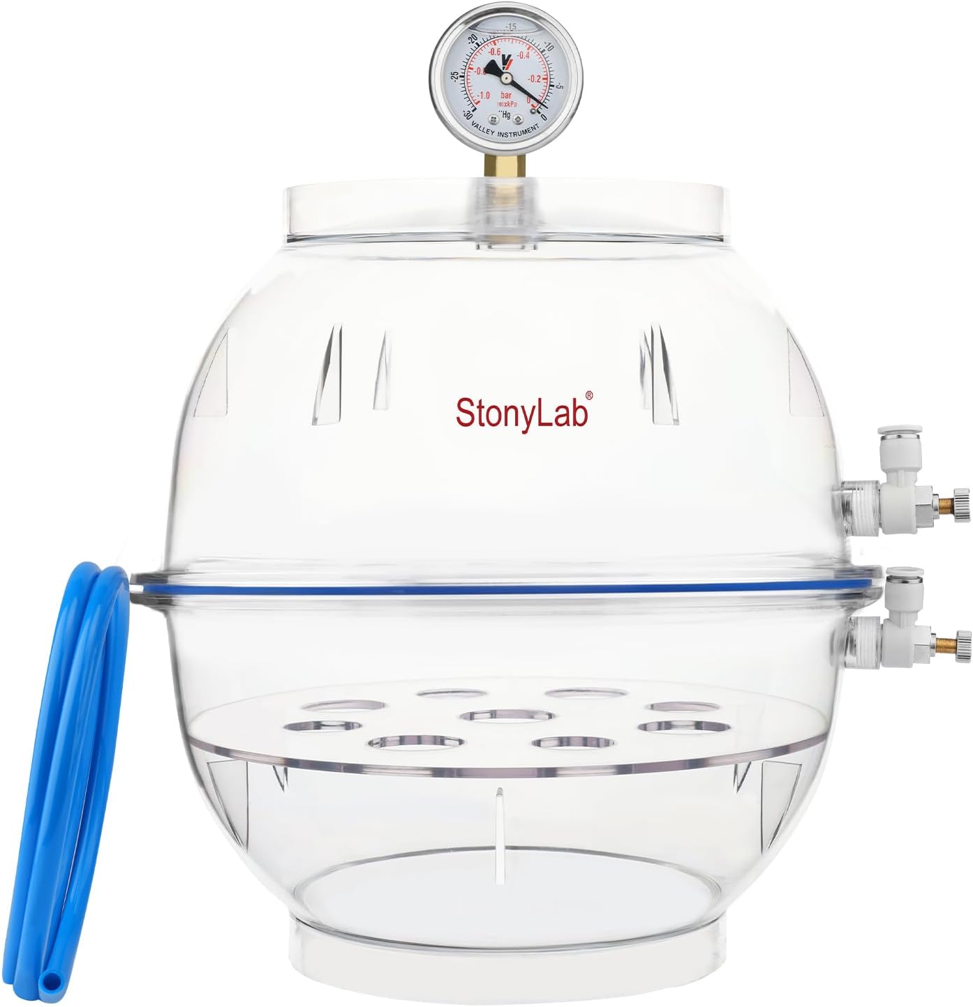 stonylab PC Vacuum Desiccator, Thickened Material for Enhanced Durability, Reliable Silicone Seal, Dual Valve System, Equipped with Vacuum Gauge, 250 mm Diameter, for Laboratory Use