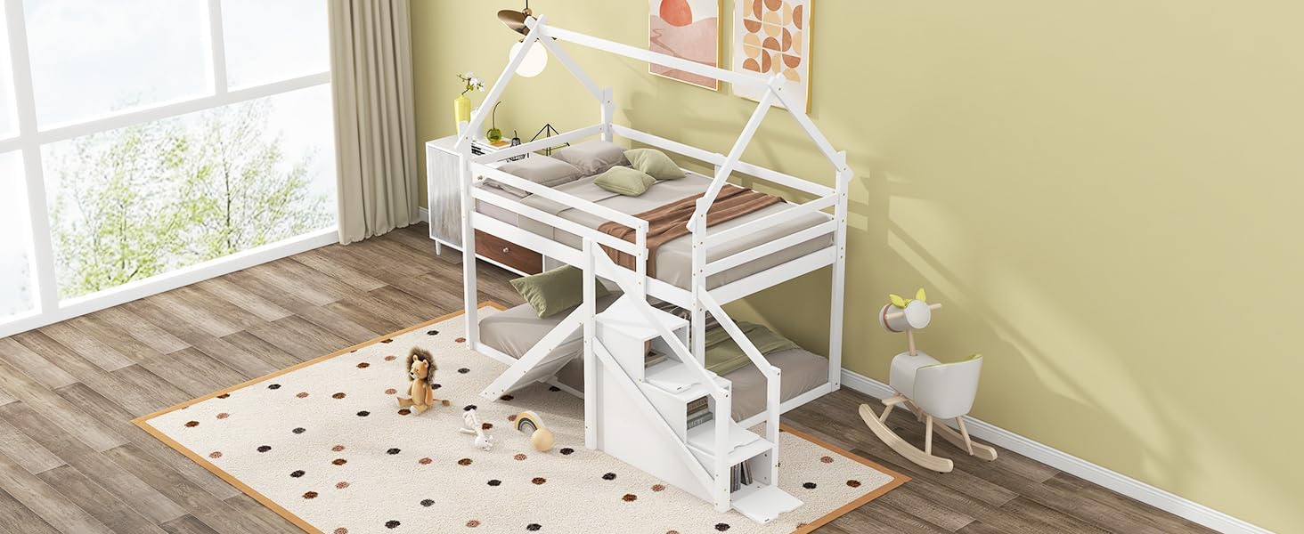 Twin Over Twin House Loft or Bunk Bed with Slide and Staircase, White
