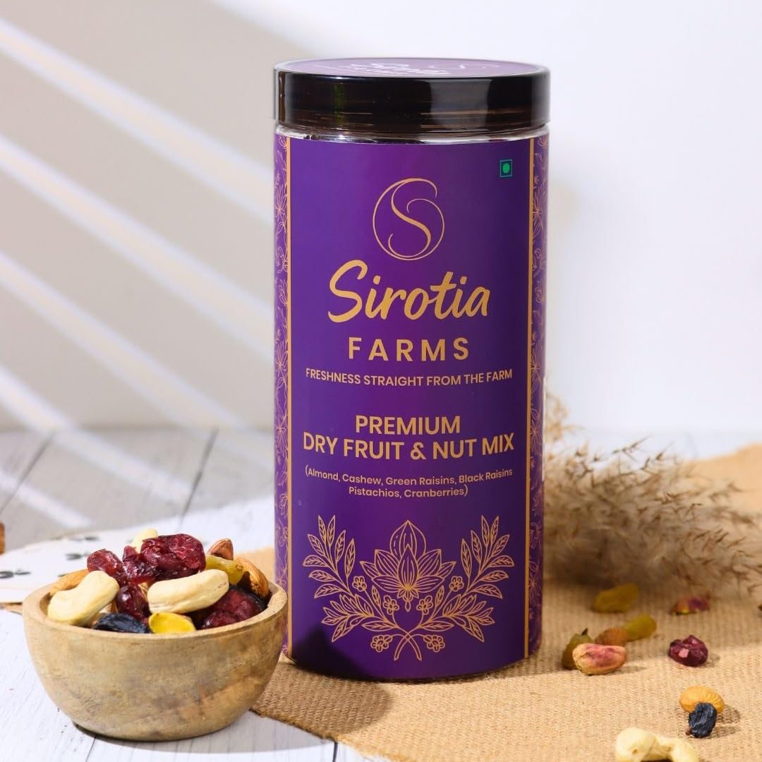 Sirotia Farms Premium Dry Fruit & Nut Mix, 500g, Rich in Dietary Fiber, Magnesium & Phosphorus, Source of Protein, Flavourful & Crunchy Snack, Almonds, Cashews, Green Raisins, Black Raisins, Pistachios, & Cranberries 1