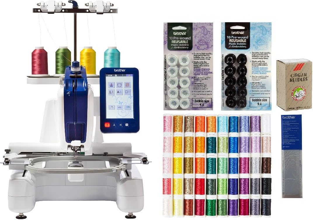Brother Persona PRS100 Single Needle Embroidery Machine, 63-Piece Thread Set, 20 Bobbins, 100-Piece 75/11 Embroidery Needles, Stabilizer Roll