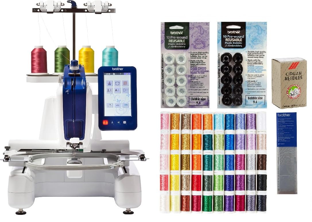Brother Persona PRS100 Single Needle Embroidery Machine, 63-Piece Thread Set, 20 Bobbins, 100-Piece 75/11 Embroidery Needles, Stabilizer Roll