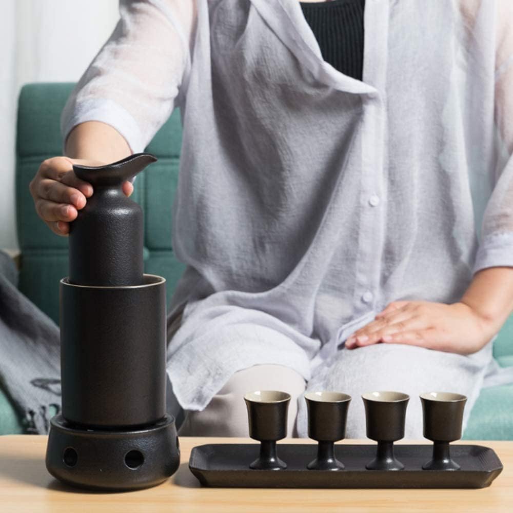 Sake Cup Set Japanese 8-Piece, Black Glaze 10 Oz Wine Glass Set with Candle Stove and Warming Pot Tray, Quaint, for Cold/Warm Sake Pot Set