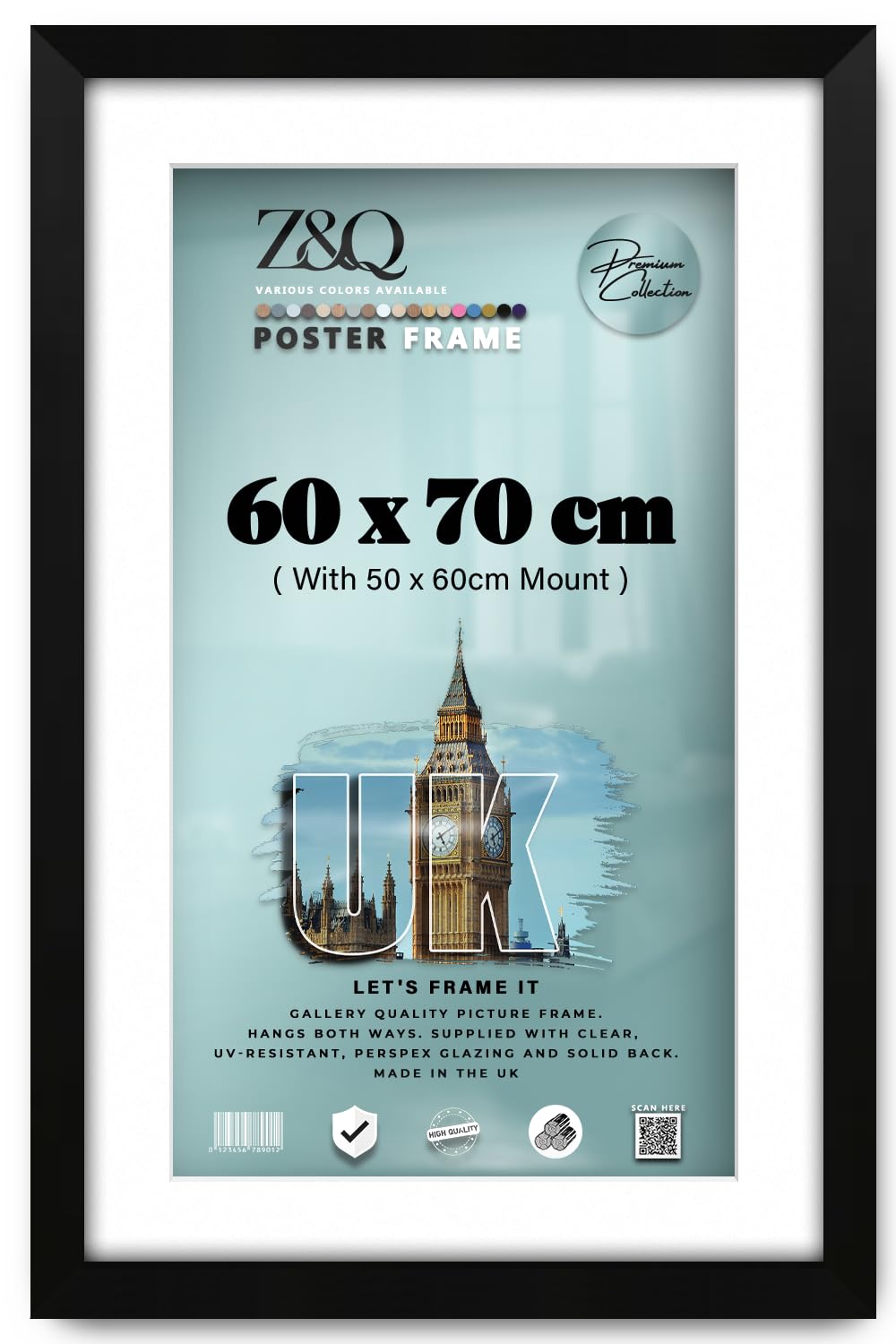 Z&Q - Classic MDF Wood (60 x 70 cm) Poster/Picture Frame with 60 x 50 cm White Mount Ideal for Art Display 28 x 24 Inch Frame for Wall Gallery Art and Room Décor [ Matt Black ]