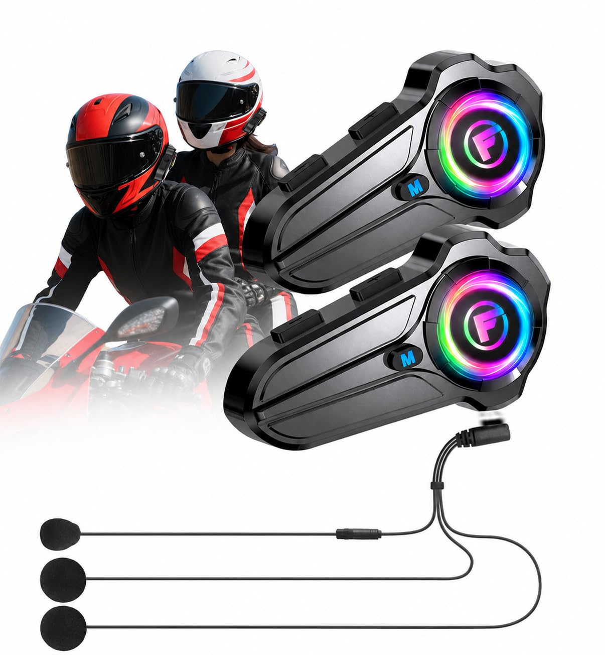 Lot de 2 F10Pro Intercom Moto Duo pour 2 Casques, Interphone Moto Bluetooth 5,3, Appairage Universel, Communication de 1000m, Réduction Intelligente du Bruit, IP67 Étanche, Mains Libres Automatique