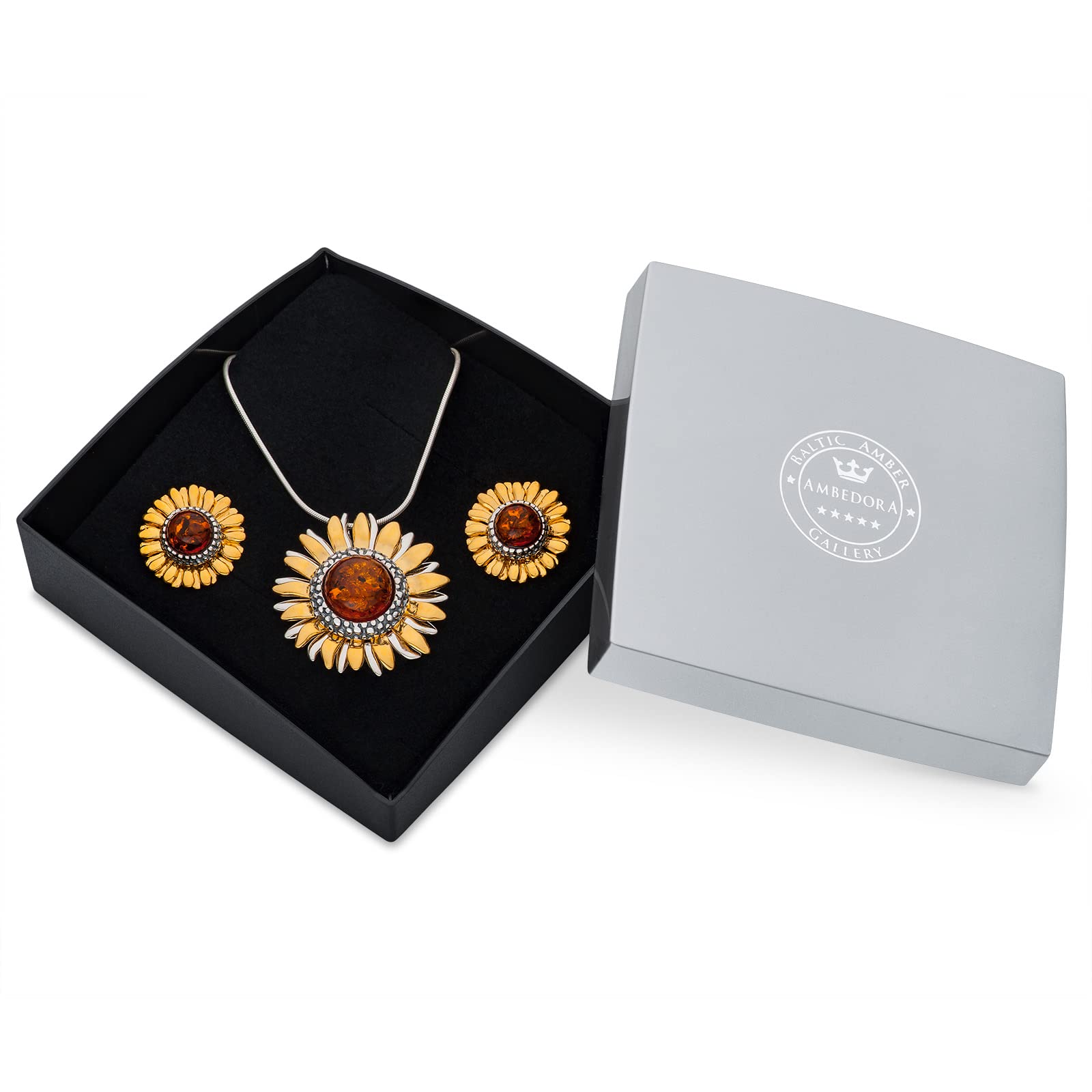 Set di gioielli da donna in argento sterling placcato oro, ambra baltica color cognac, ciondolo placcato oro su collana e orecchini, Argento sterling, Ambra