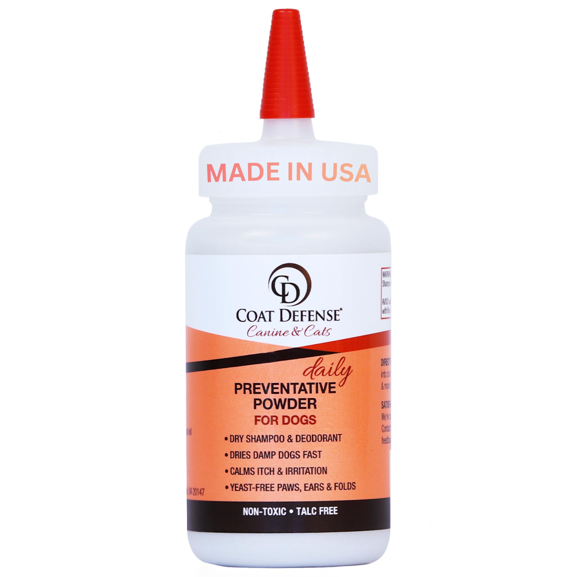 COAT DEFENSE Daily Preventative Powder | Made in USA | 4.2oz Precision Point Waterless Dog Shampoo & Pet Deodorizer for Smelly Dogs | Provides Anti