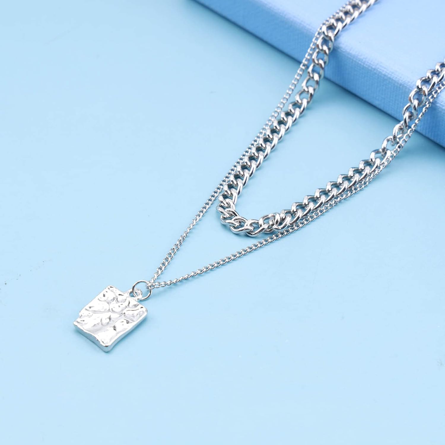 Andelaisi Boho Layered Hammered Square Choker Necklace Silver Textured Square Necklace Choker Vintage Cuban Chain Necklace Punk Thick Chain Necklace Jewelry for Women - Image 5