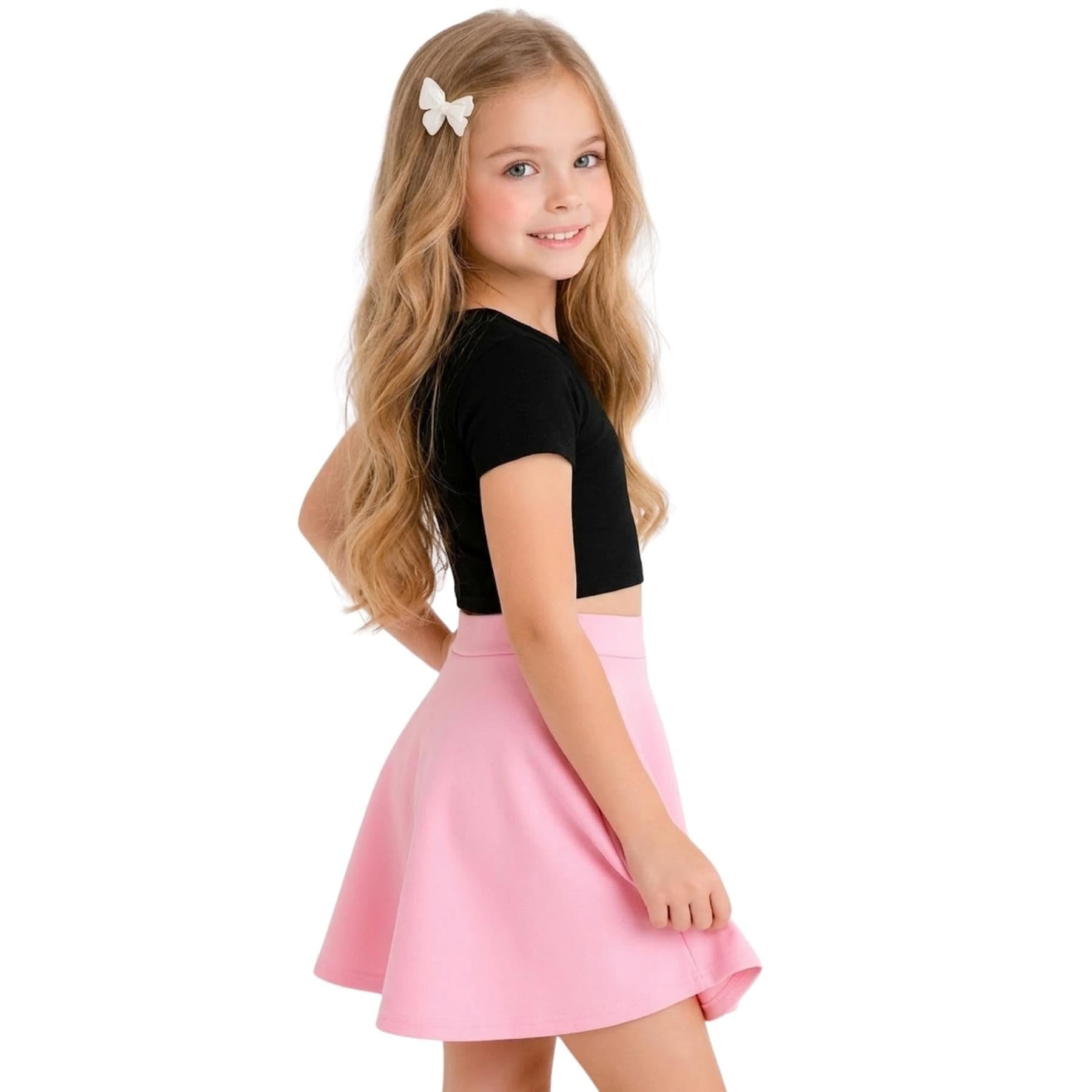 Janisramone Completo estivo da bambina, con top corto svasato, gonna svasata, per feste scolastiche, set da 2 pezzi, 3-13 anni