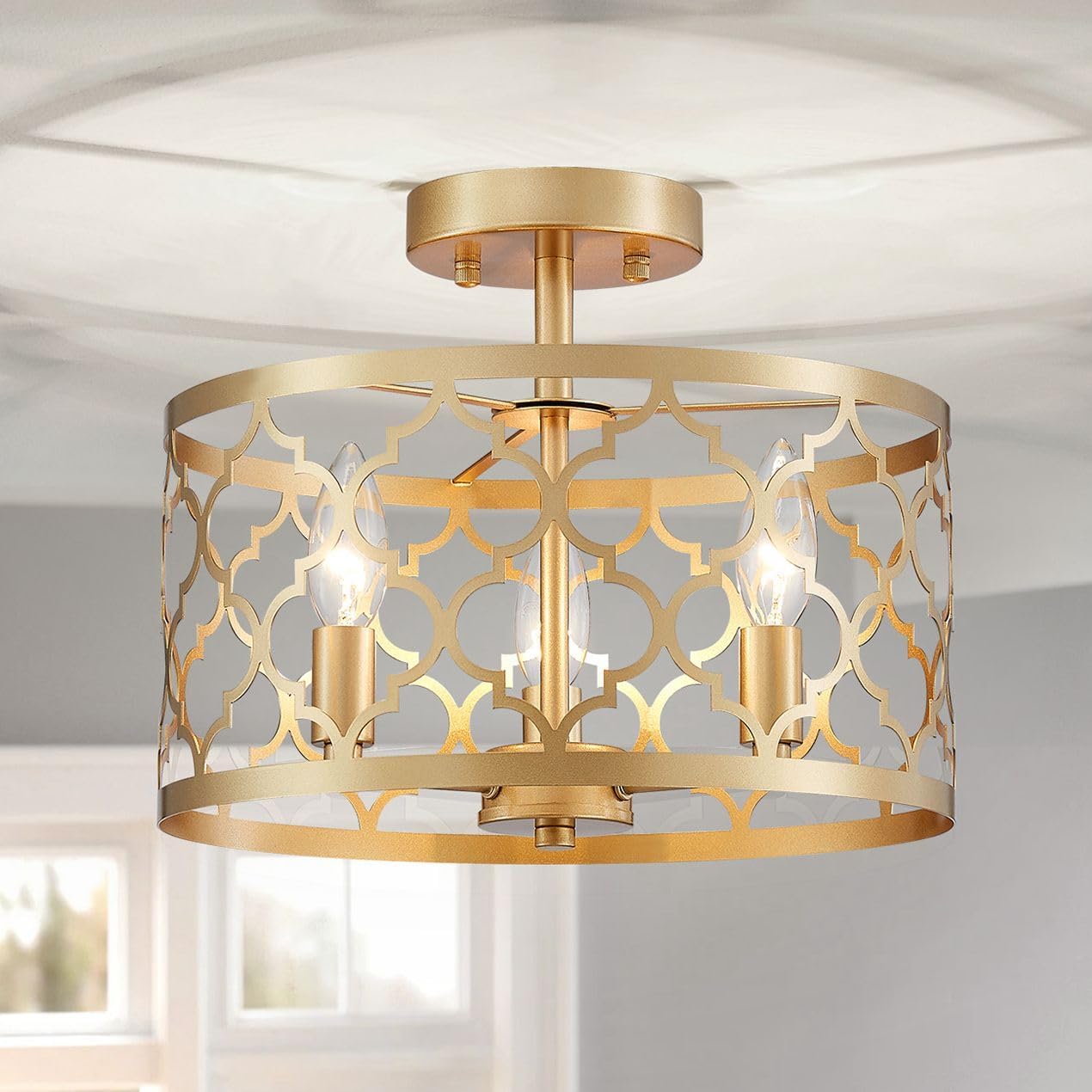 WUZUPS Chandelier 3-Light Vintage Farmhouse Semi-Flush Mount Ceiling Light Lighting Fixture for Foyer Bedroom Hallway Storage Room Kitchen Bathroom, H 9.8" x W 12.4", E12 Base, Gold