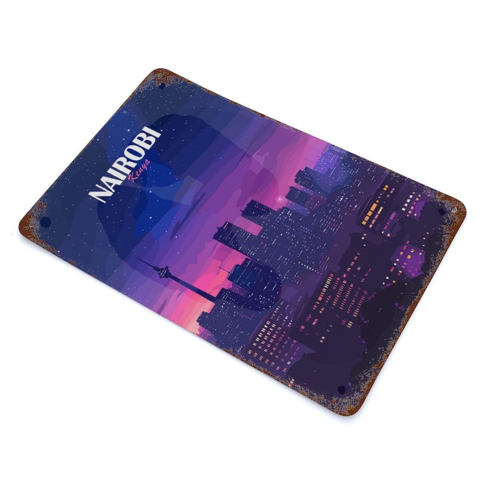Nairobi, Kenya Cityscape at Night Vintage Wall Sign 11.8"x7.9", Rust Effect Metal Decor for Patio, Garden Room And Bar Decor