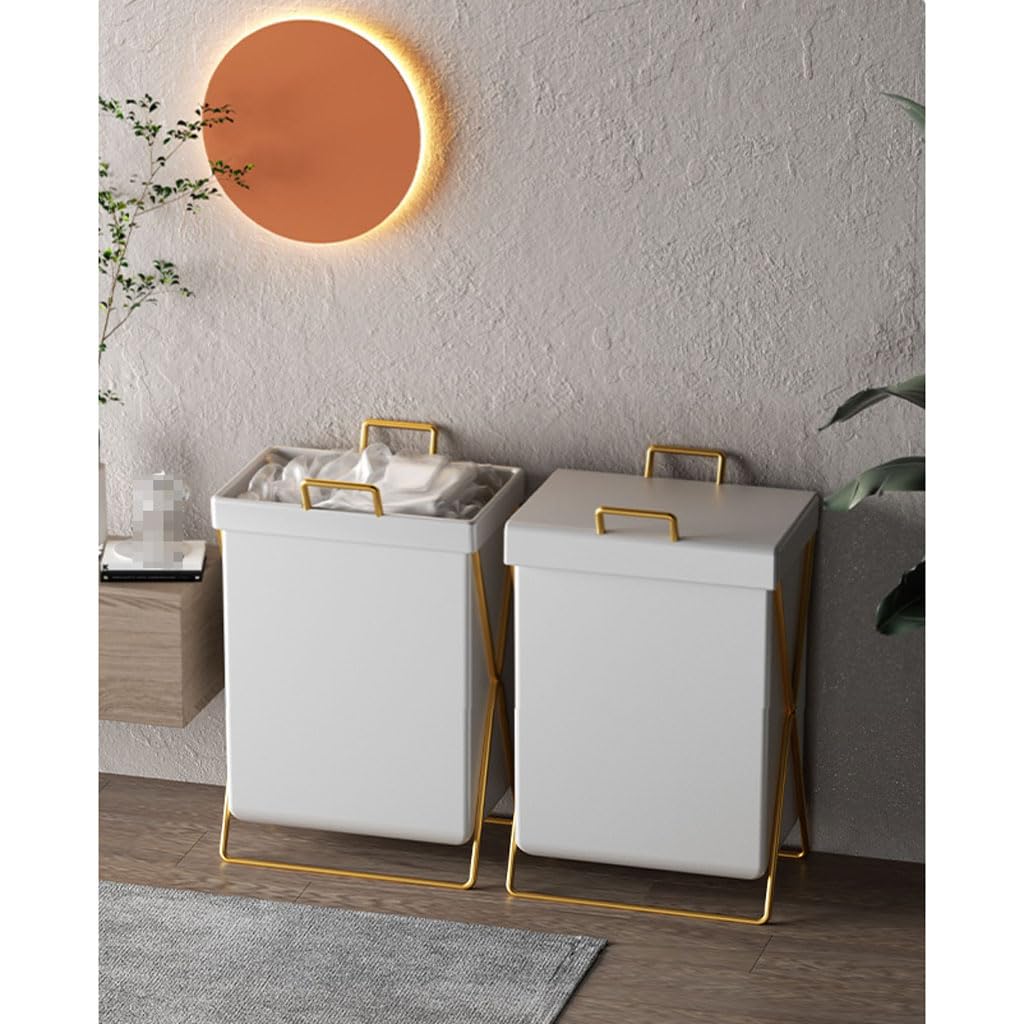 JITEM Cesto portabiancheria pieghevole in pelle, struttura metallo nero/oro, coperchio, cestino per giocattoli