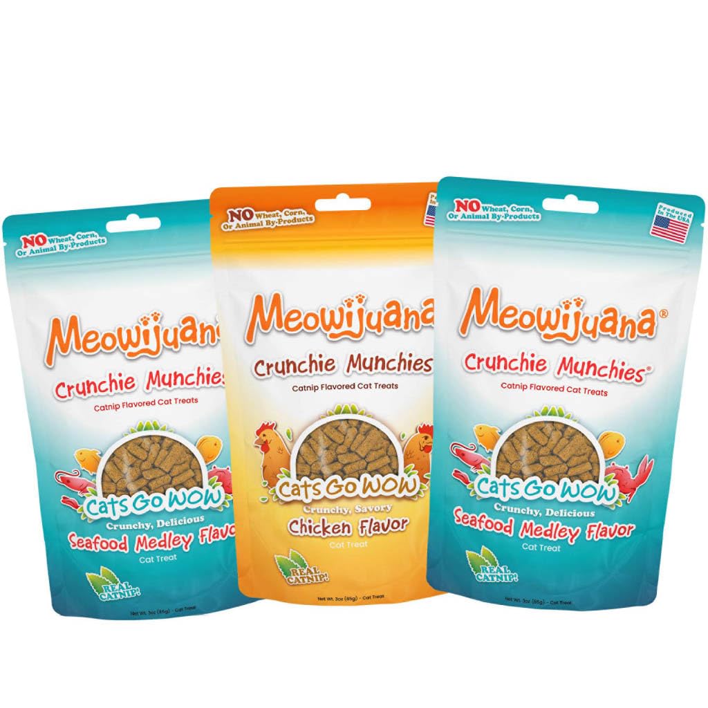 Meowijuana Crunchie Munchie Catnip Treats Bundle | 2 Seafood Medley and 1 Chicken | Made with Organic Catnip | Produced in The USA | Low Calorie Cat