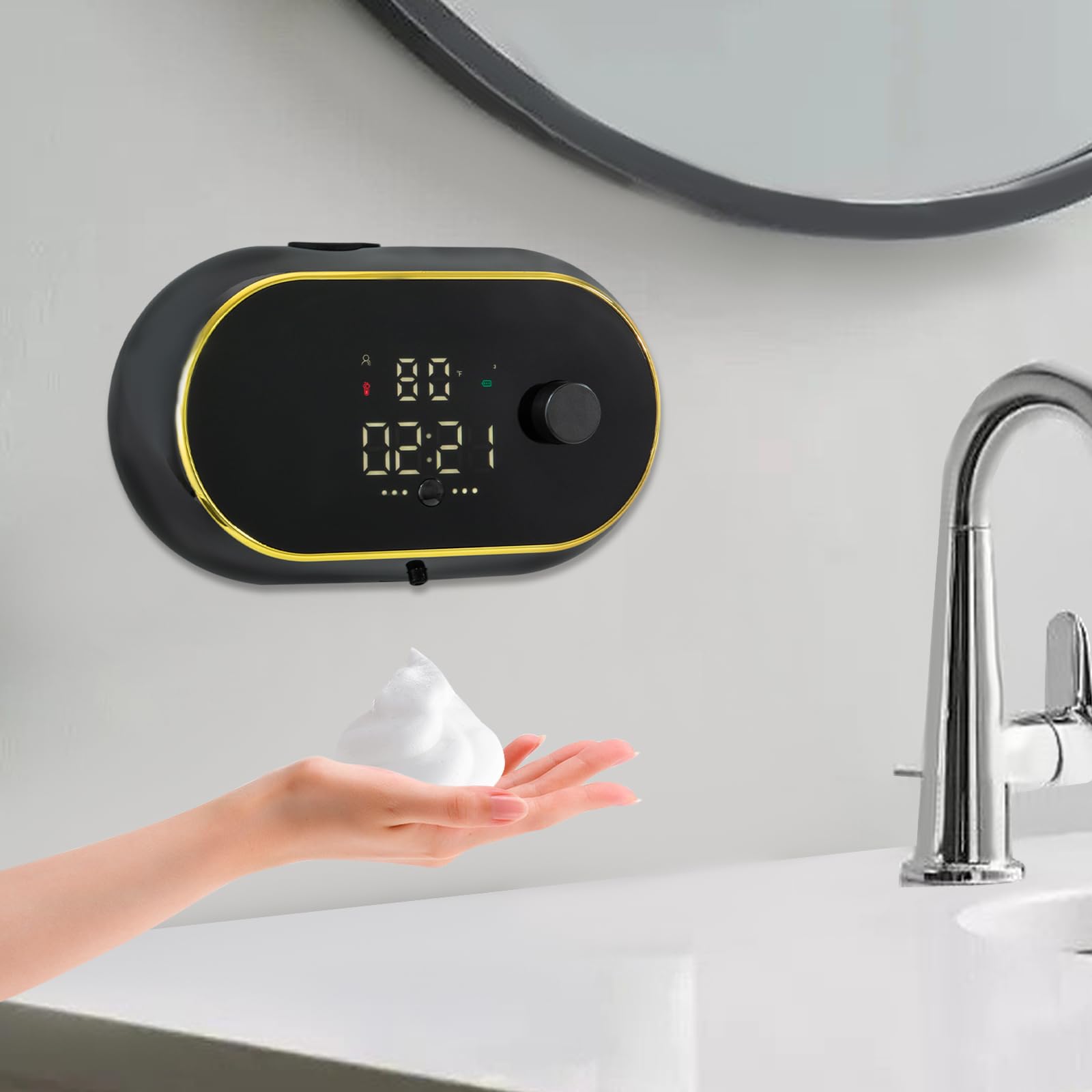 Distributore automatico di sapone in schiuma 450 ml USB C ricaricabile con display LCD Temperatura ora 3 livelli regolabile IPX5 impermeabile a parete sensore senza contatto