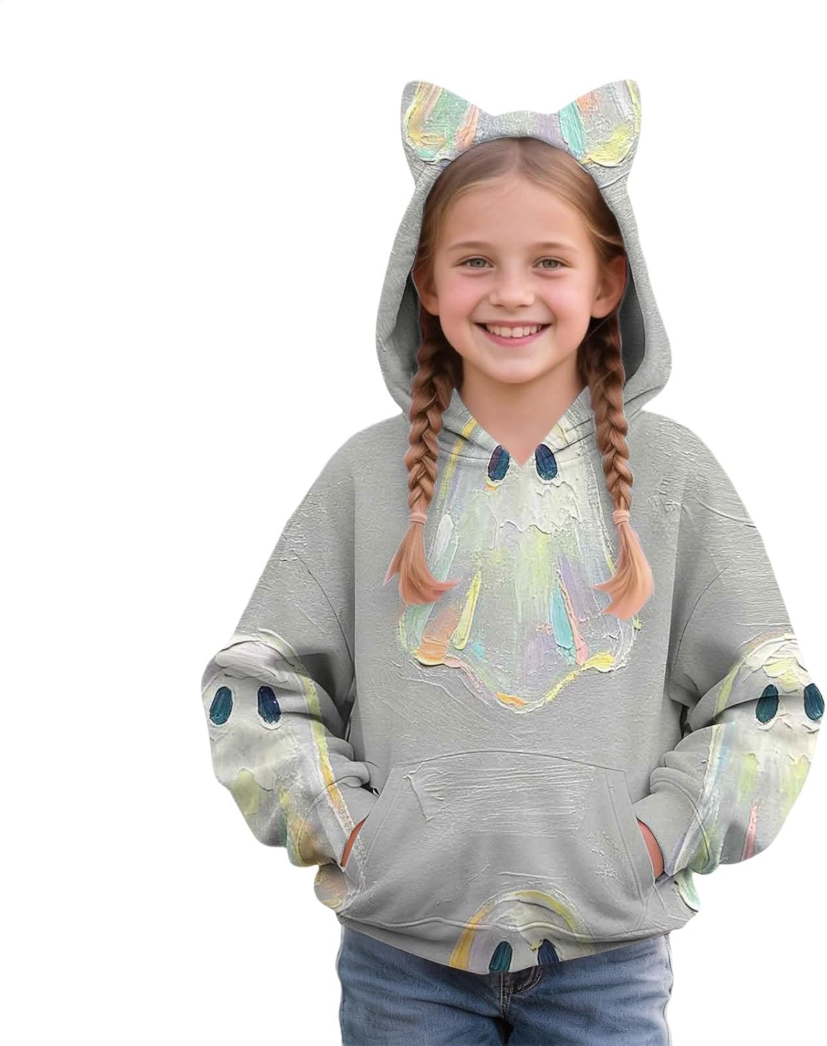 Hoodie for Boys Girls Cute Graphic Cat Ear Oversized Hooded Sweatshirts Casual Comfy Long Sleeve Athletic Pullover