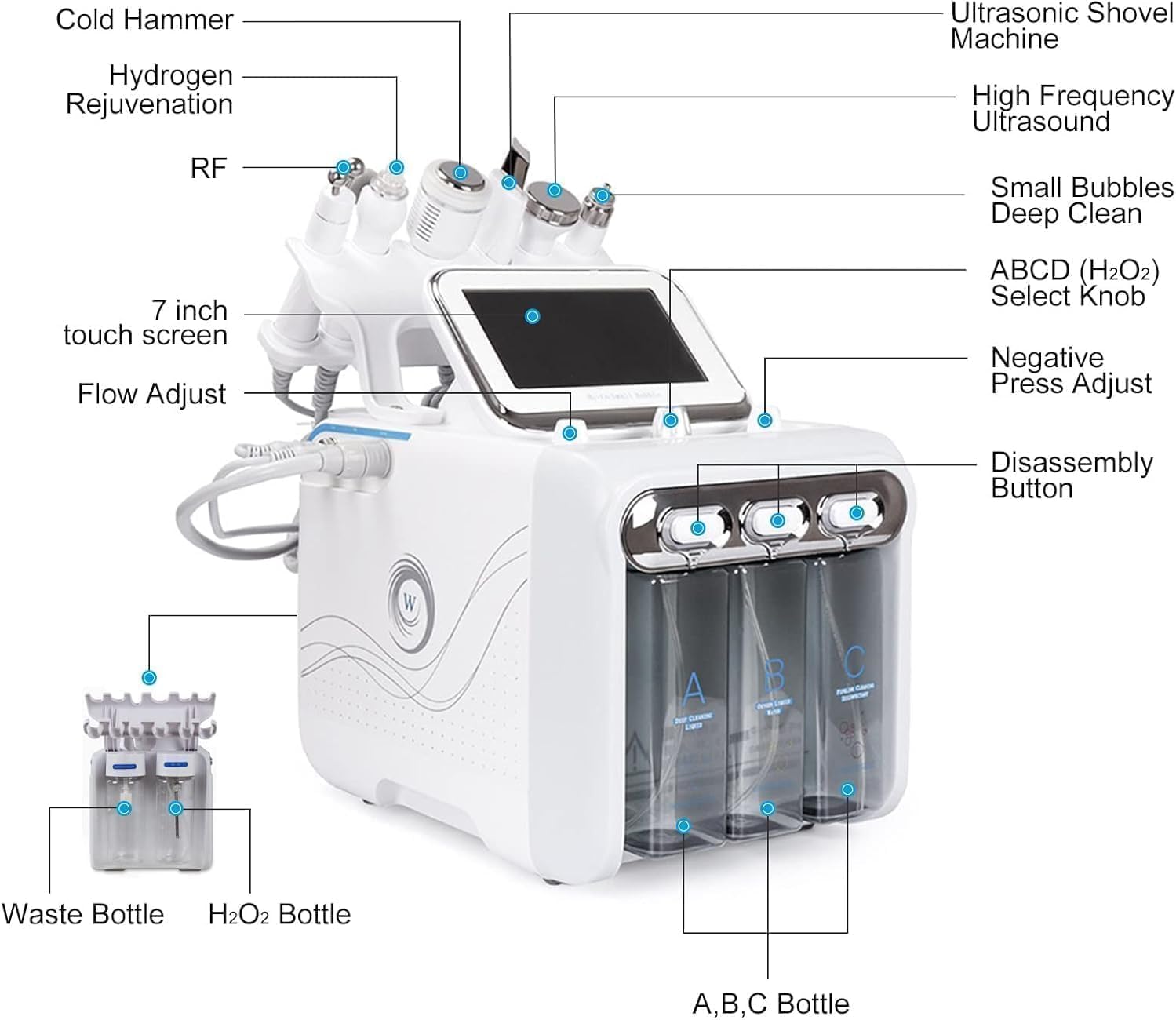 Macchina di Bellezza dell'Idrogeno Ossigeno Dispositivo Professionale 7-in-1 per la Cura della Pelle del Viso con Masca, Sollievo Acne & Luminoso, Casa Spa Cura Del Viso Casa & Salone di Bellezza