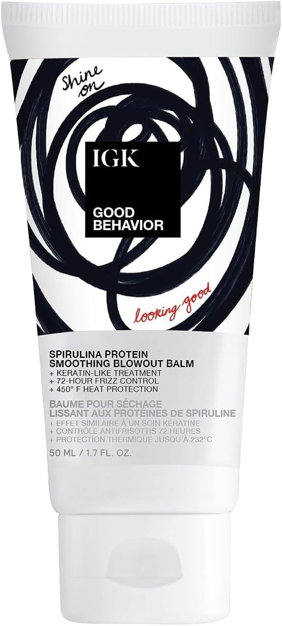 IGK GOOD BEHAVIOR Spirulina Protein Smoothing Blowout Balm | Anti-Frizz Heat Protectant + Smoothing Styling Cream | Helps Control Frizz and Smooth Hair for Sleek Blowouts