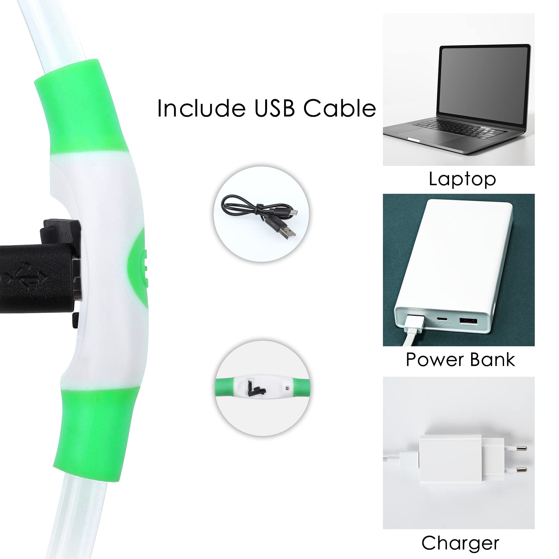 Coolzon Collare Luminoso per Cani USB Ricaricabile, Collare Cane Luminoso Impermeabile con 3 Modalità Di Luce, Regolabile Collare LED per Cani Gatti Taglia Piccola Media Grande,Verde