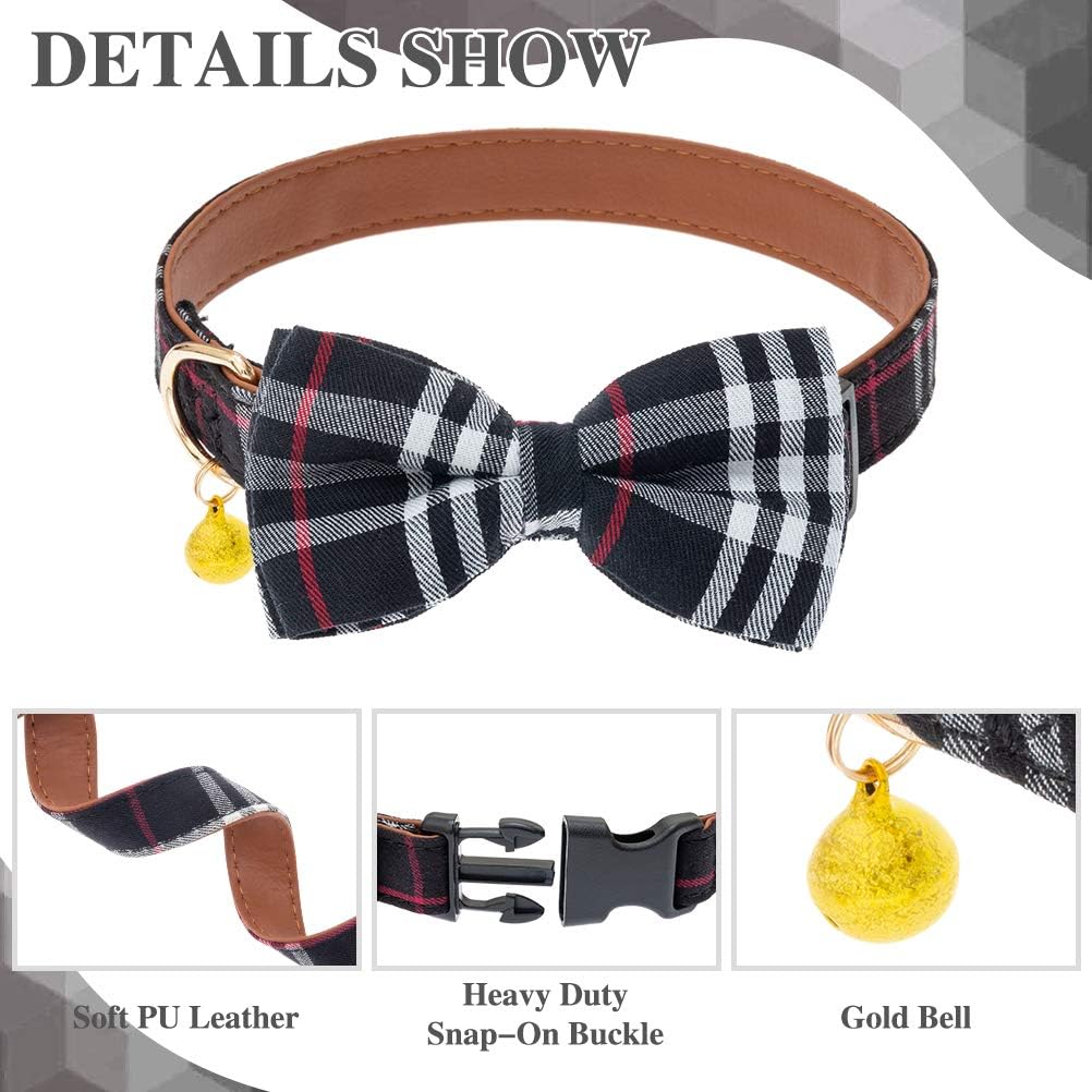 Bow Tie Dog Collar and Leash Set - Classic Plaid Adjustable Cute Dogs Collars with Removable Bowtie and Gold Bell, Fit for Puppies Cats Small to Medium Dogs
