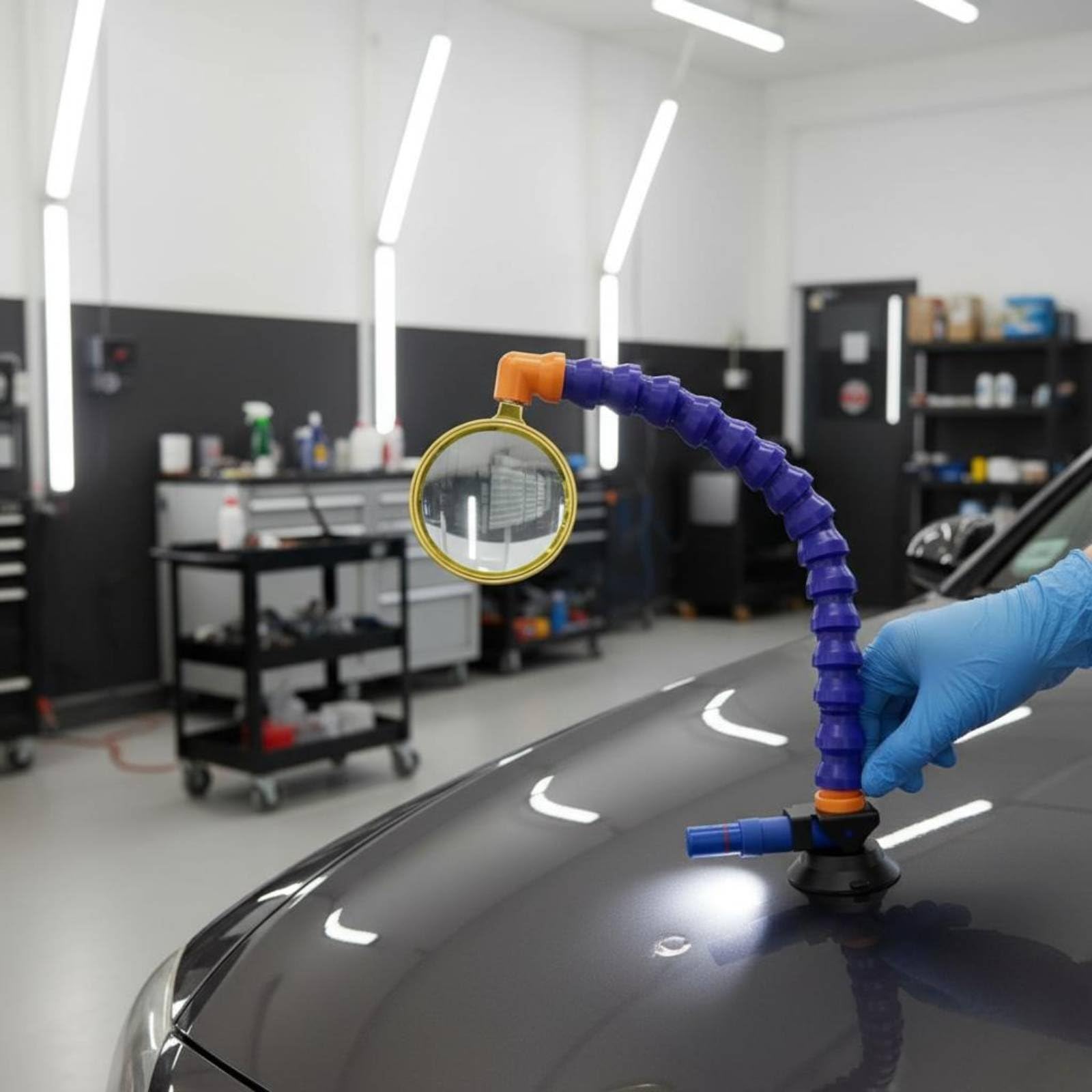 Holder Karosserie Prüfspiegel Vergrößerungsaufsatz Saugfuß Gelenkarm Fahrzeug Reparaturhilfe zur Sichtprüfung für Mechaniker Werkstatt Heimwerker Garage