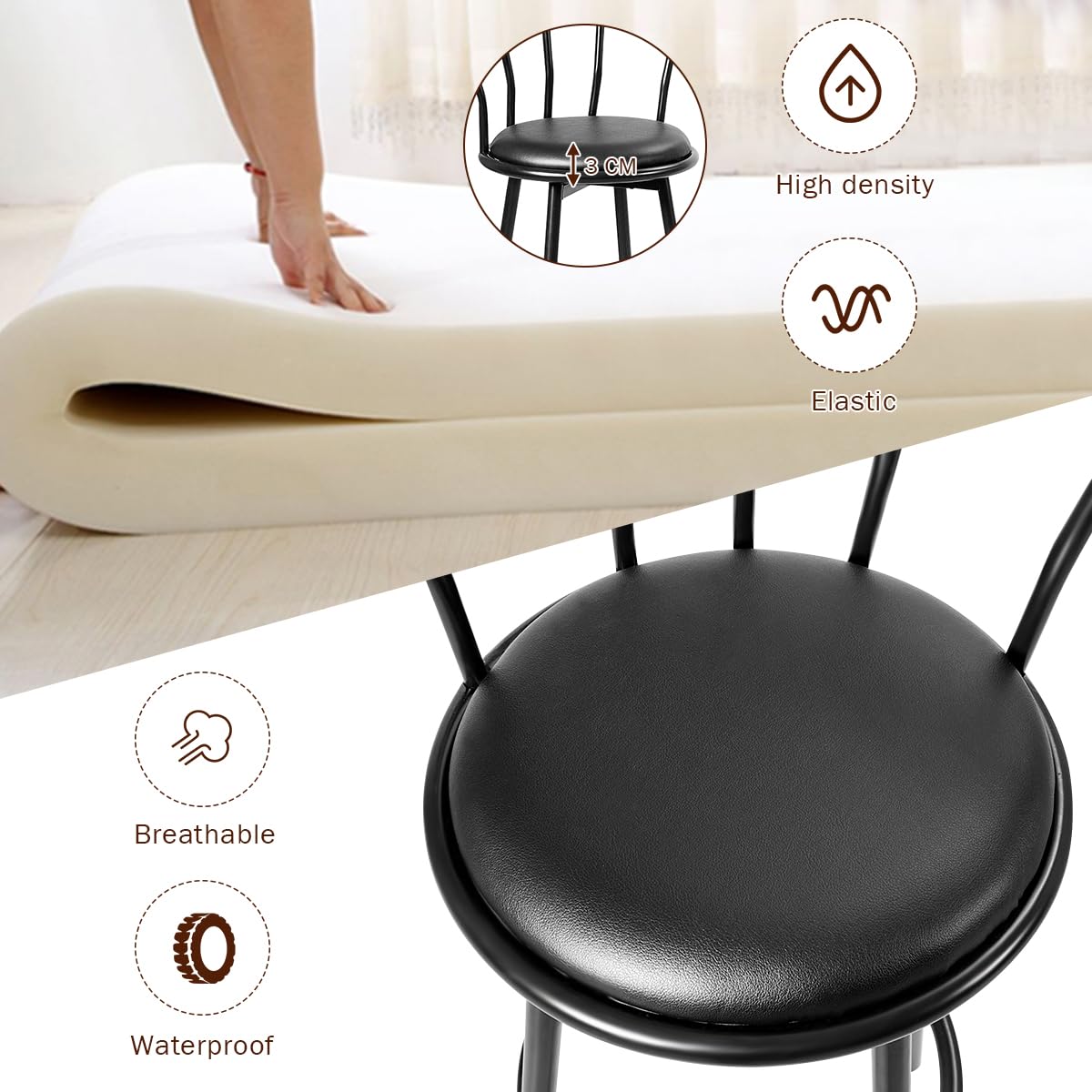 Zestaw 2 obrotowych stołków barowych o 360° z oparciem i podnóżkiem, krzesła kuchenne z metalu i skóry, wysokość 72 cm, idealne do baru, restauracji, stylowy czarny design