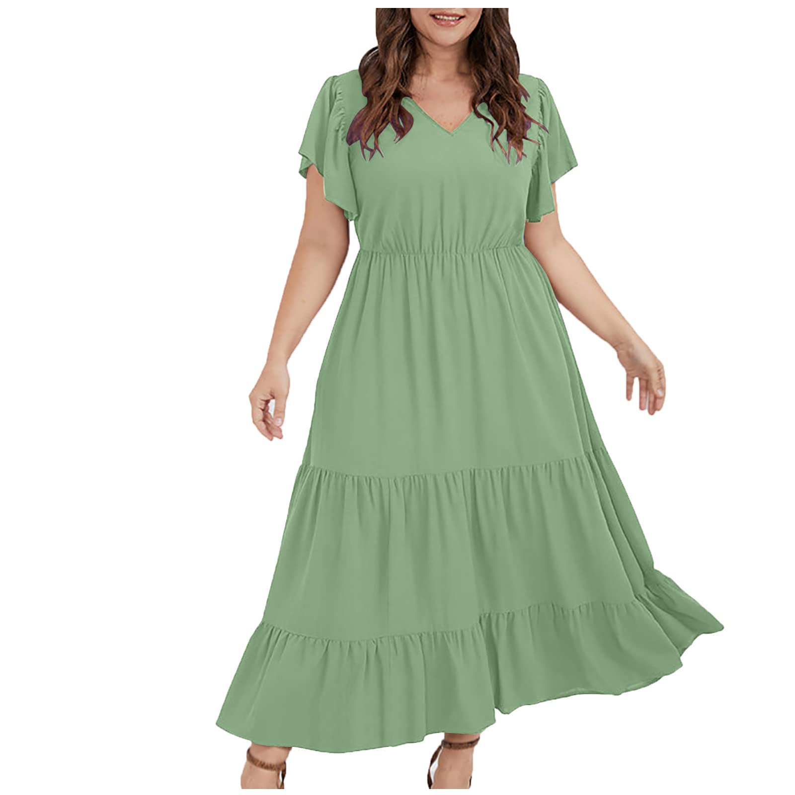 Stessotudo Womens Casual Plus Size Dresses Ruffle Sleeve V Neck Summer Maxi Dress Solid Empire Waist Pleated Long Beach Dress