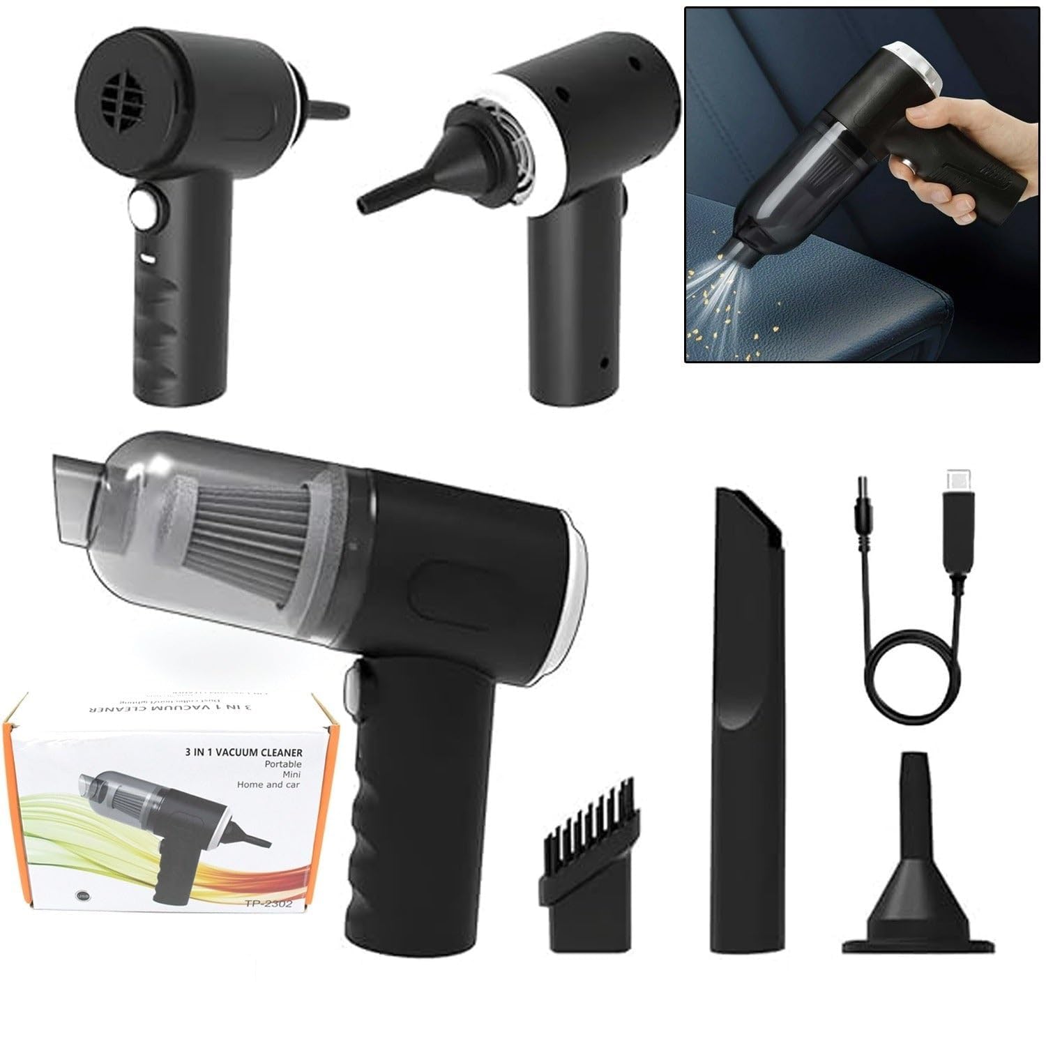3 in 1 Portable Car Vacuum Cleaner with Blower | USB Rechargeable Wireless Handheld Car Vacuum Cleaner Traveling, Camping Reusable, Portable, Rechargeable-image-38
