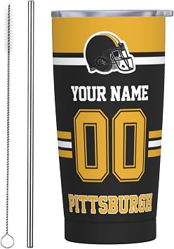 Pittsburgh Tumbler, Custom Tumbler with Name and Number, Personalized Insulated Tumblers with Straw, Customized Stainless Steel Travel Cup Coffee Mug 20 Oz Gifts for Men Women Fans
