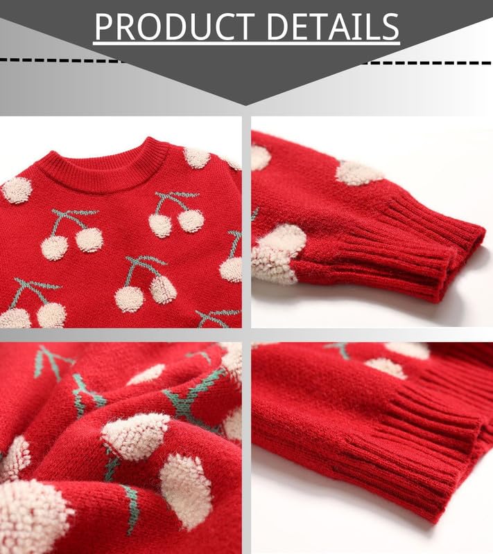 Image of yolrdiw Girls Cute Cherry Embroidery Sweater Crewneck Long Sleeves Valentine's Day Knit Pullover