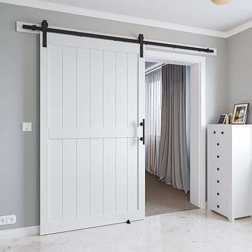 Miniatura 74 de Puerta corrediza de granero MDF de 48 x 80 pulgadas con kit de herrajes para puerta de granero de 8 pies y asa, agujeros preperforados, fácil Blanco