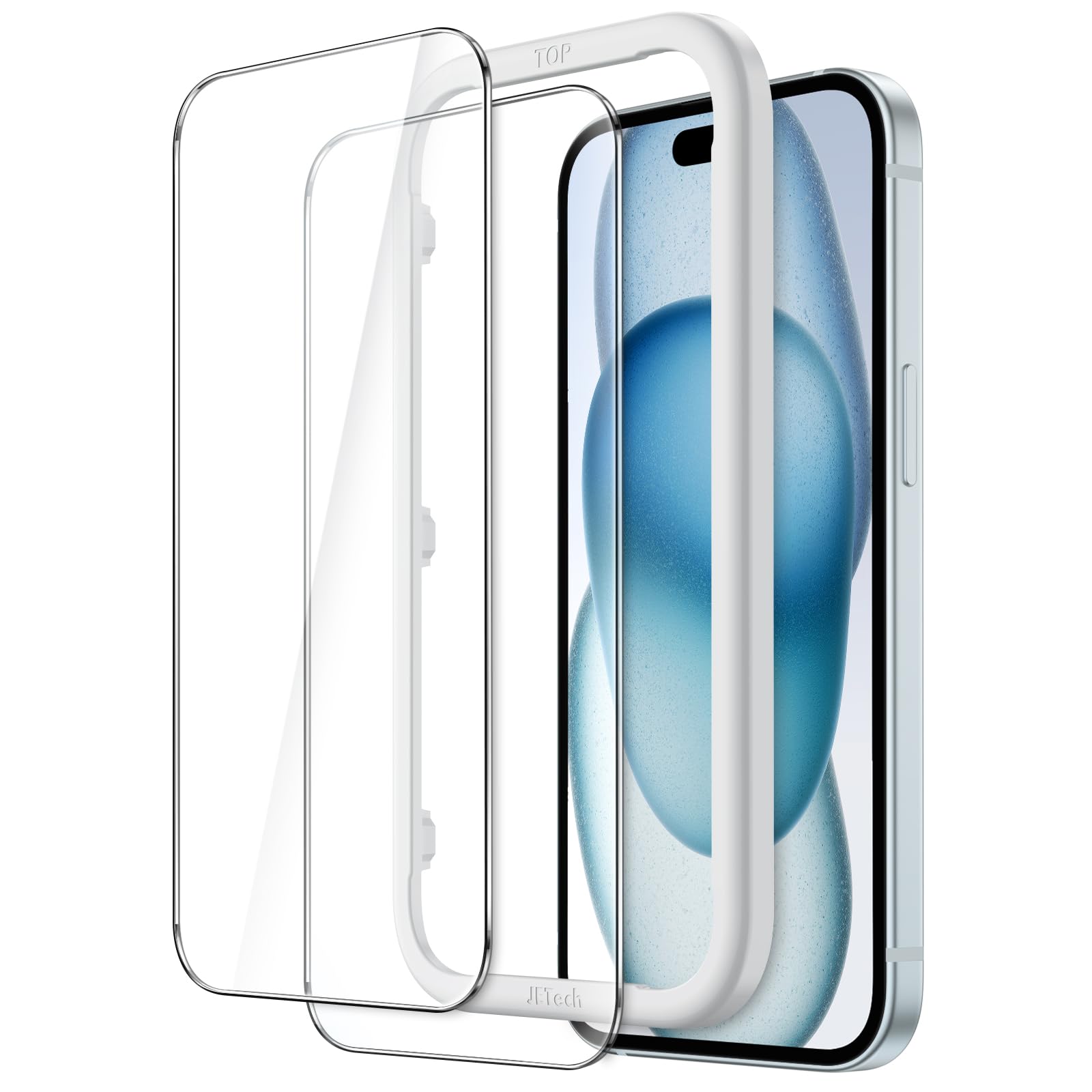 JEDirect iPhone 15 Plus (6.7 inch) Protective Film Bubble Free Tempered Glass Film with Guide Frame No Interference Case HD Clear 2 Pack