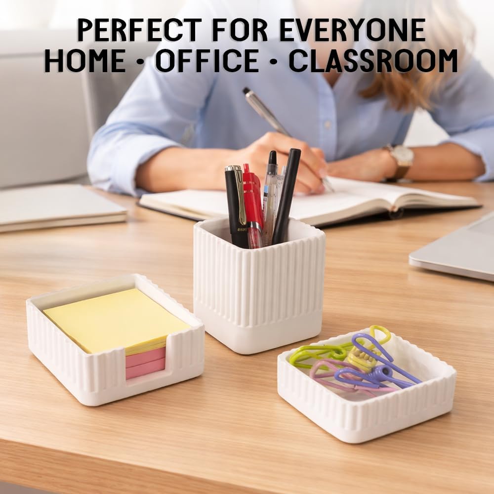 Desk Organizer Set of 3 for Office Accessories - Includes Pen Holder, Paperclip Storage, and Sticky Note Holder - Aesthetic Concrete Desktop Accessories for Women or Men, Office Decor (White)