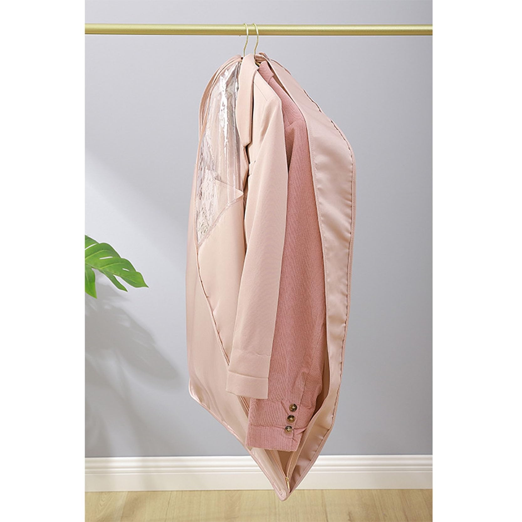 Pack de 3 fundas colgantes for ropa, con fuelle de 9 cm (3,54 pulgadas), con cremallera y ventana transparente, de satén, for guardar ropa (de 90 cm a 150 cm)(Pink,(90cm+110cm+130cm))