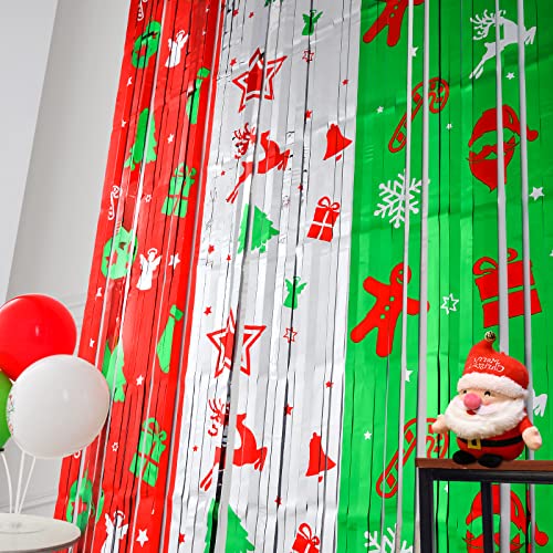 Lolstar Christmas Party Decoration, 2 Pack Christmas Themed Pattern Foil Fringe Curtains 3.2 X 6.6 Ft Red Silver Green Tinsel Fringe Photo Backdrop Streamer Backdrop For Christmas, Ugly Sweater Party #TOP3