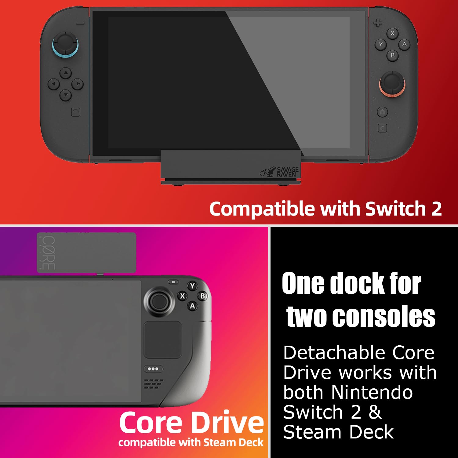 SAVAGE RAVEN by Skull & Co. Jumpgate PRO Portable Dock with Detachable USB Hub HDMI TV Adapter for Nintendo Switch 2- Black