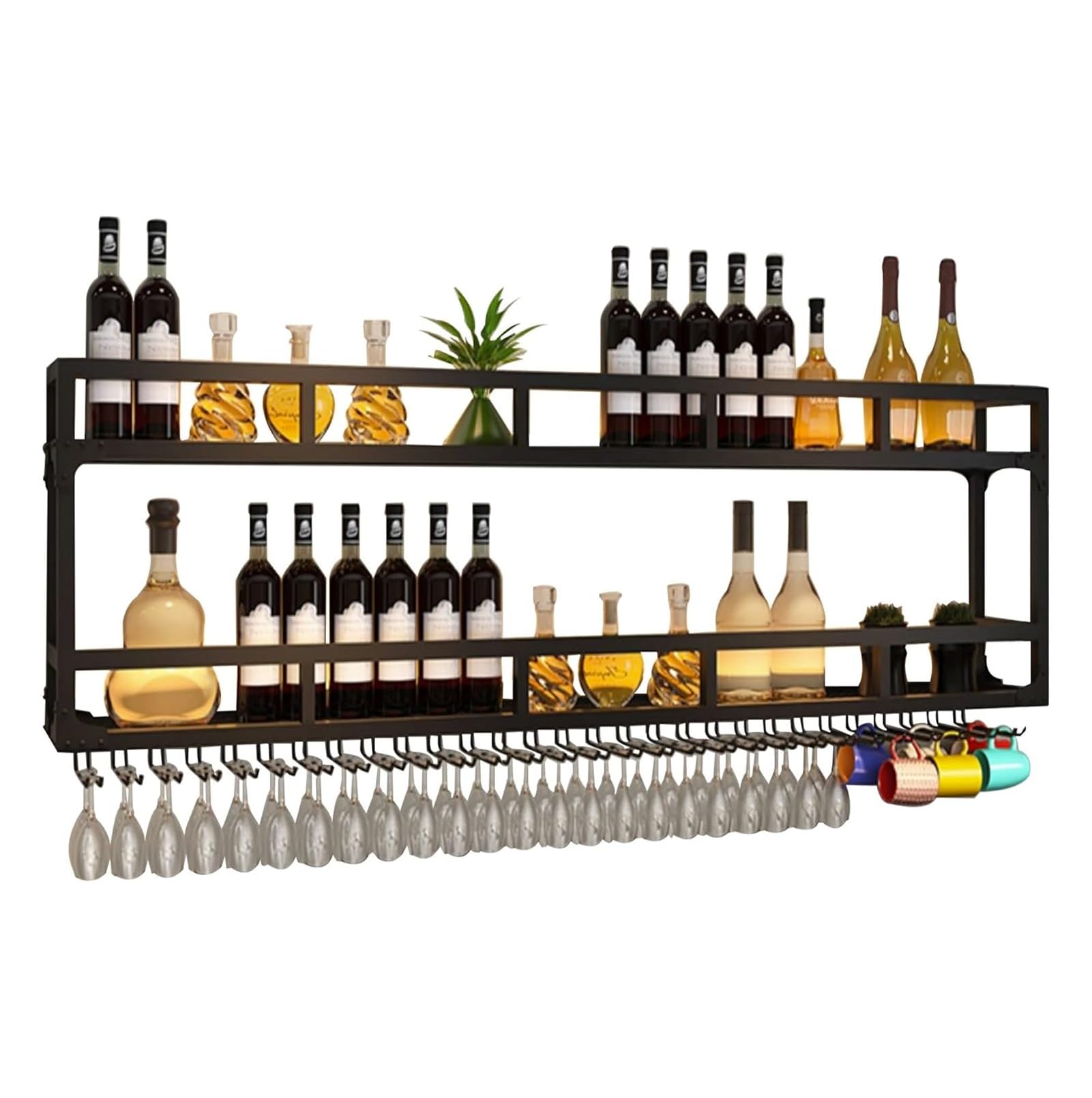 Étagère à vin murale moderne en métal noir rangement bouteille verre LED