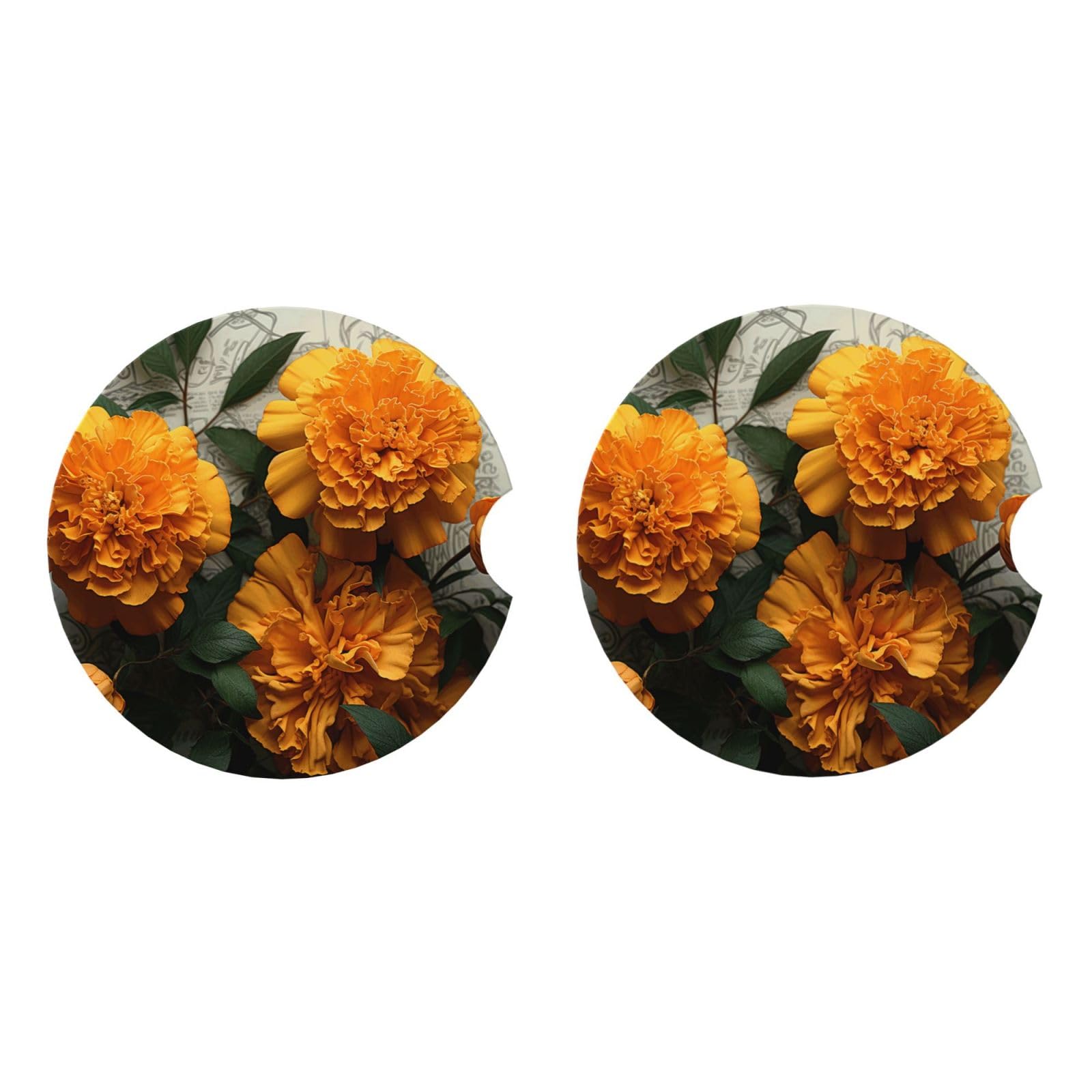 Ceramic Coasters for Drinks White Drink Coasters with Metal Holder Marigold Ceramic Coaster Set of 2 Tabletop Protection Mat for Home Decor