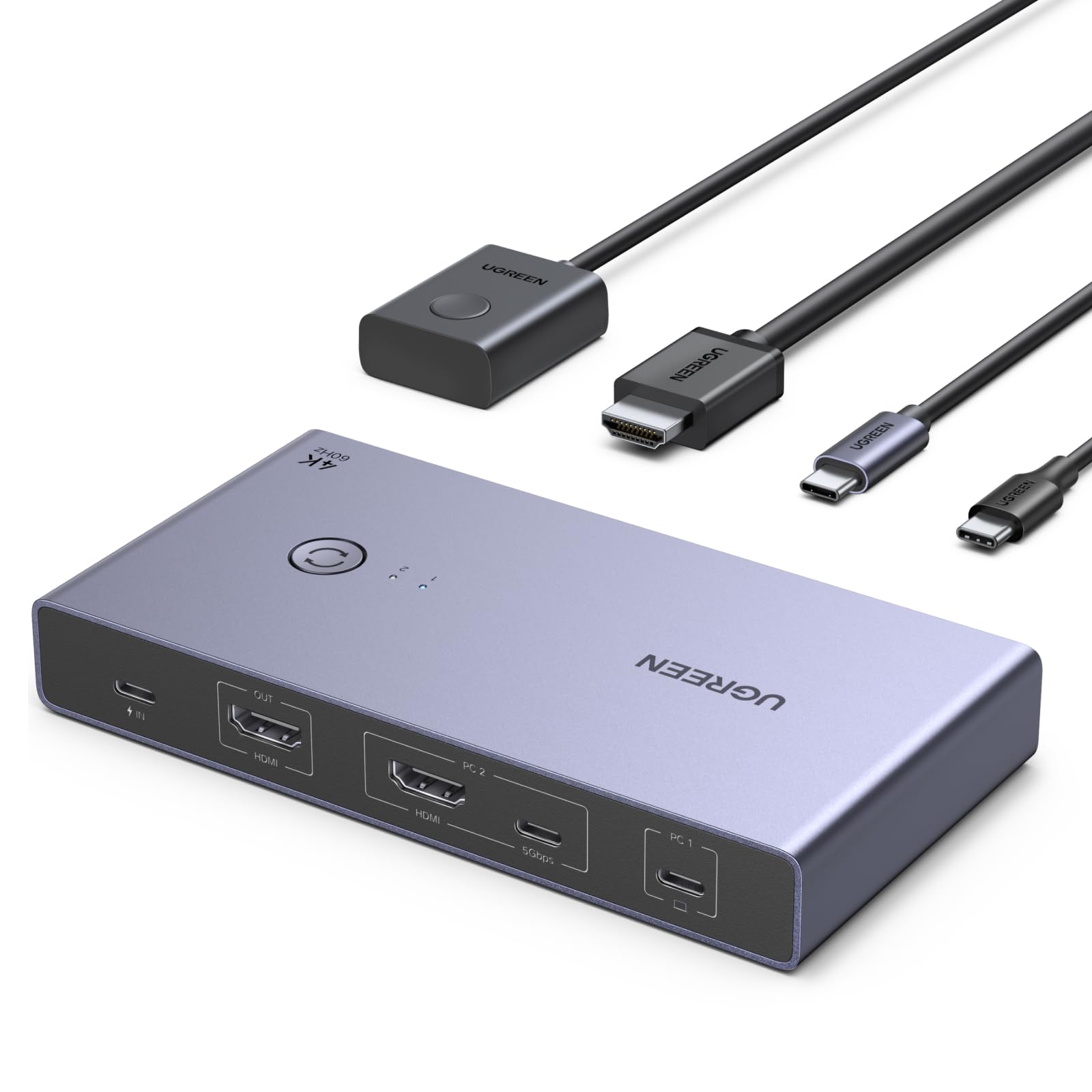 UGREEN KVM Switch HDMI USB C 4K 60Hz 2 Ingressi 1 Uscita con 4 Porte USB 3.0 3A1C 5Gbps Commutatore KVM Compatibile con MacBook PS5 Computer Host Steam Deck Cavo HDMI e Cavo USB-C Video Inclusi