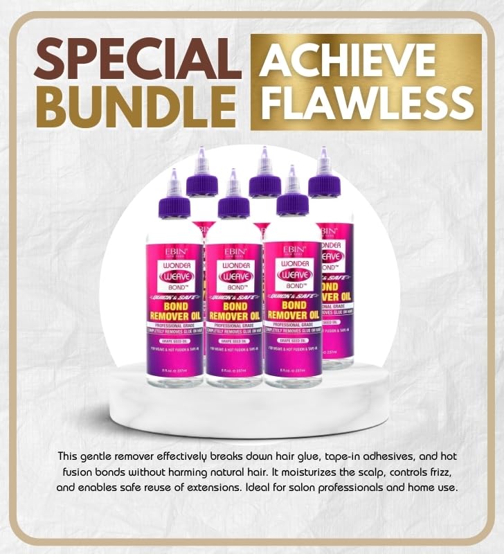 EBIN NEW YORK 6x Wonder Weave Bond Remover Oil Bundle - Quick & Safe Hair Extension Glue Removal with Grape Seed Oil for Weaves, Hot Infusion, and Tape-In Extensions – Gift Set (6 Items)