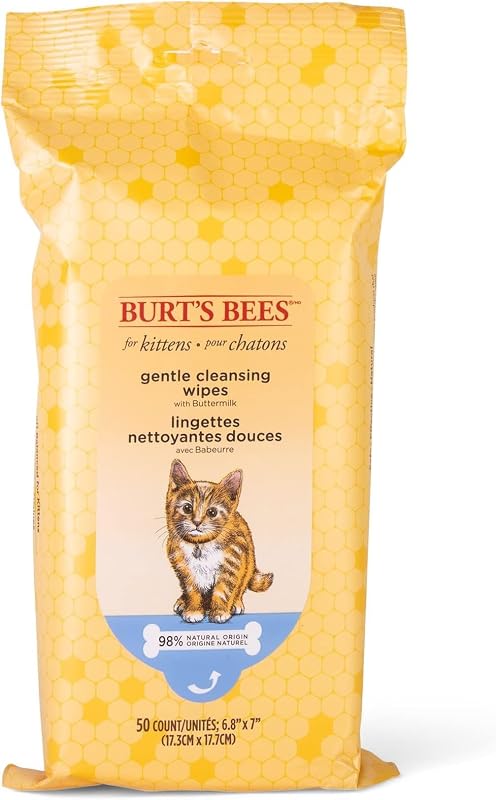 Burt's Bees for Pets Toallitas de aseo para gatitos con suero de leche y miel, toallitas de baño para gatos sin agua para limpieza de cara, patas, cola y pelaje, alternativa de baño suave para felinos de interior, 50 unidades (paquete de 6)