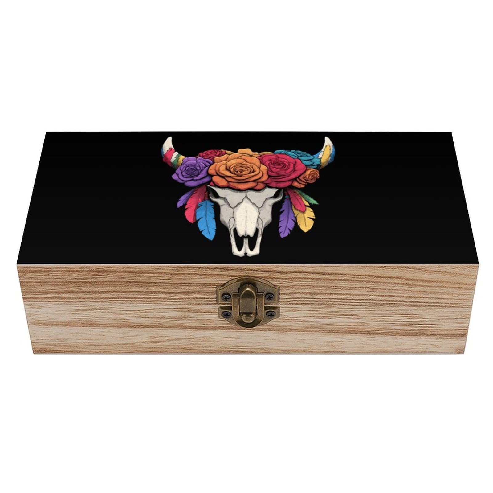 HLBSDM Cow Skull Floral Feather Wooden Box with Hinged Lid Decorative Storage Case Container